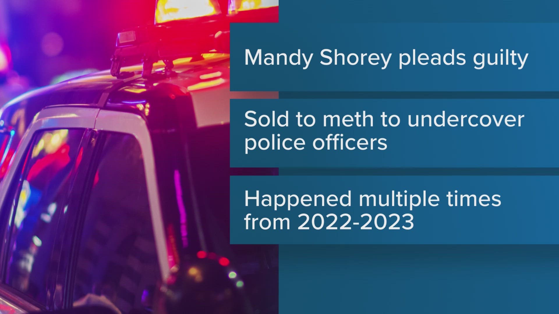 Mandy Shorey of Peru pleaded guilty to drug-related charges that she sold methamphetamine. Investigators say she sold drugs to an undercover officer several times.