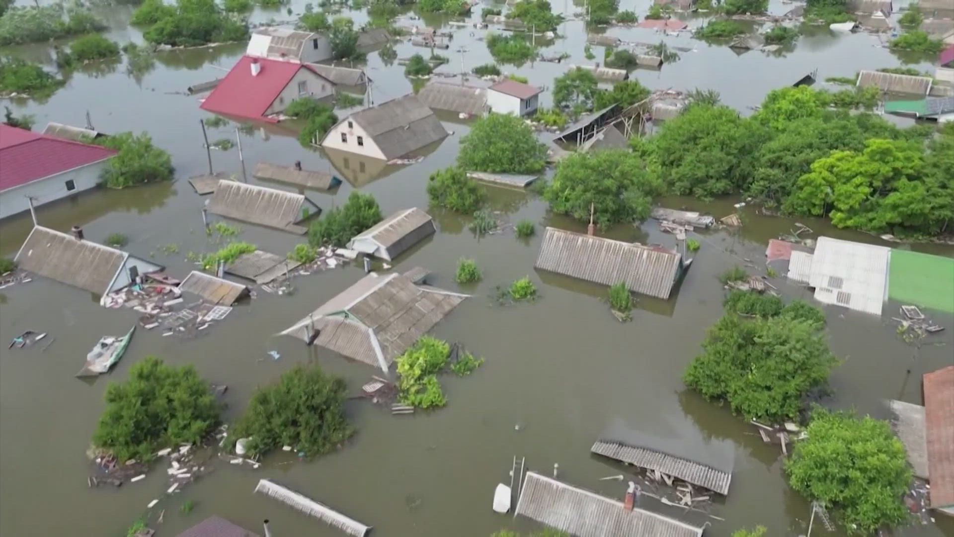 Huge parts of land are underwater in southern Ukraine two days after the destruction of a large dam. Ukraine accuses Russia of blowing up the dam.