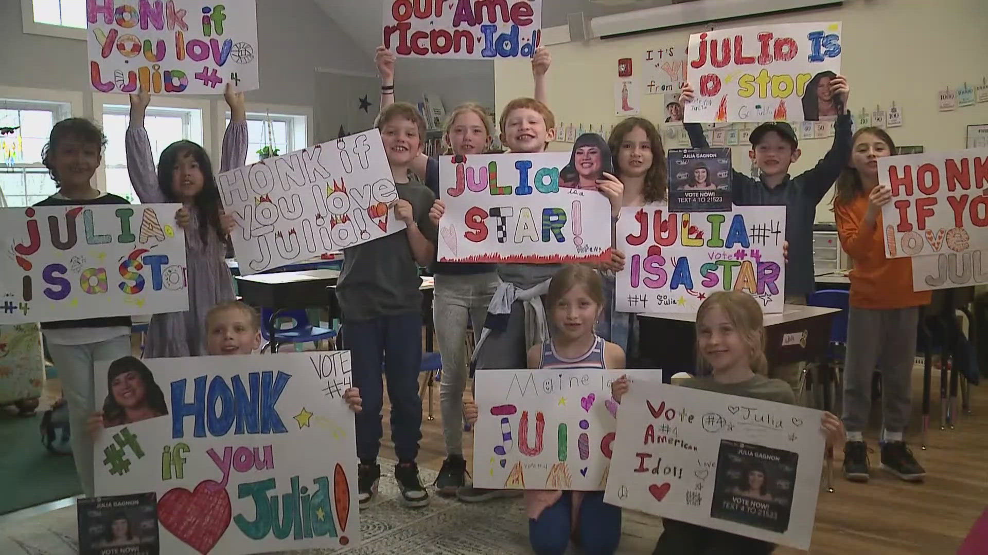North Yarmouth Academy's second-grade class spent the afternoon urging drivers to "HONK If You Love Julia!"