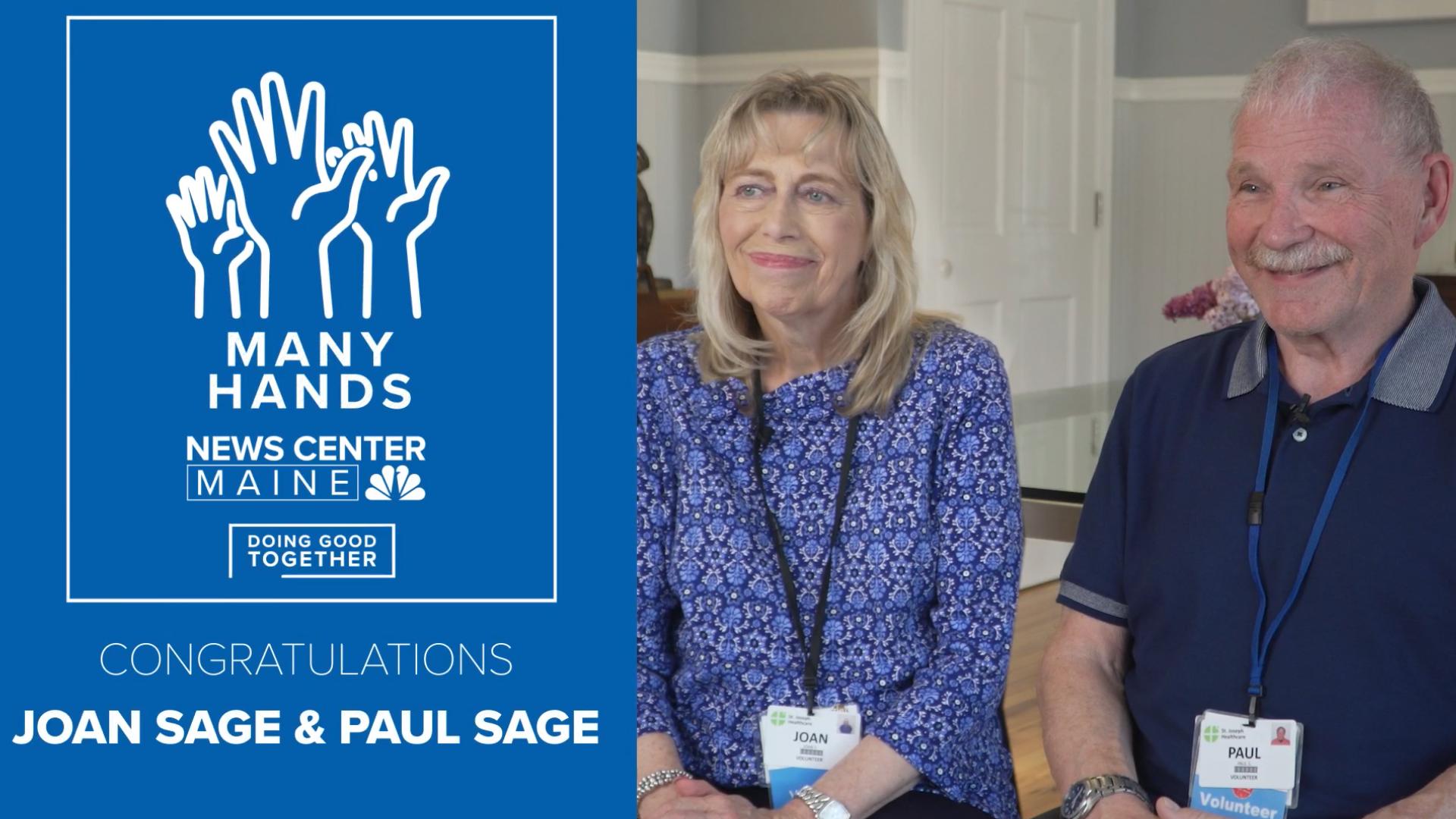 Joan and Paul Sage volunteer at St. Joseph Hospital in Bangor.  From escorting patients to procedures to changing beds, the Sages do it all.