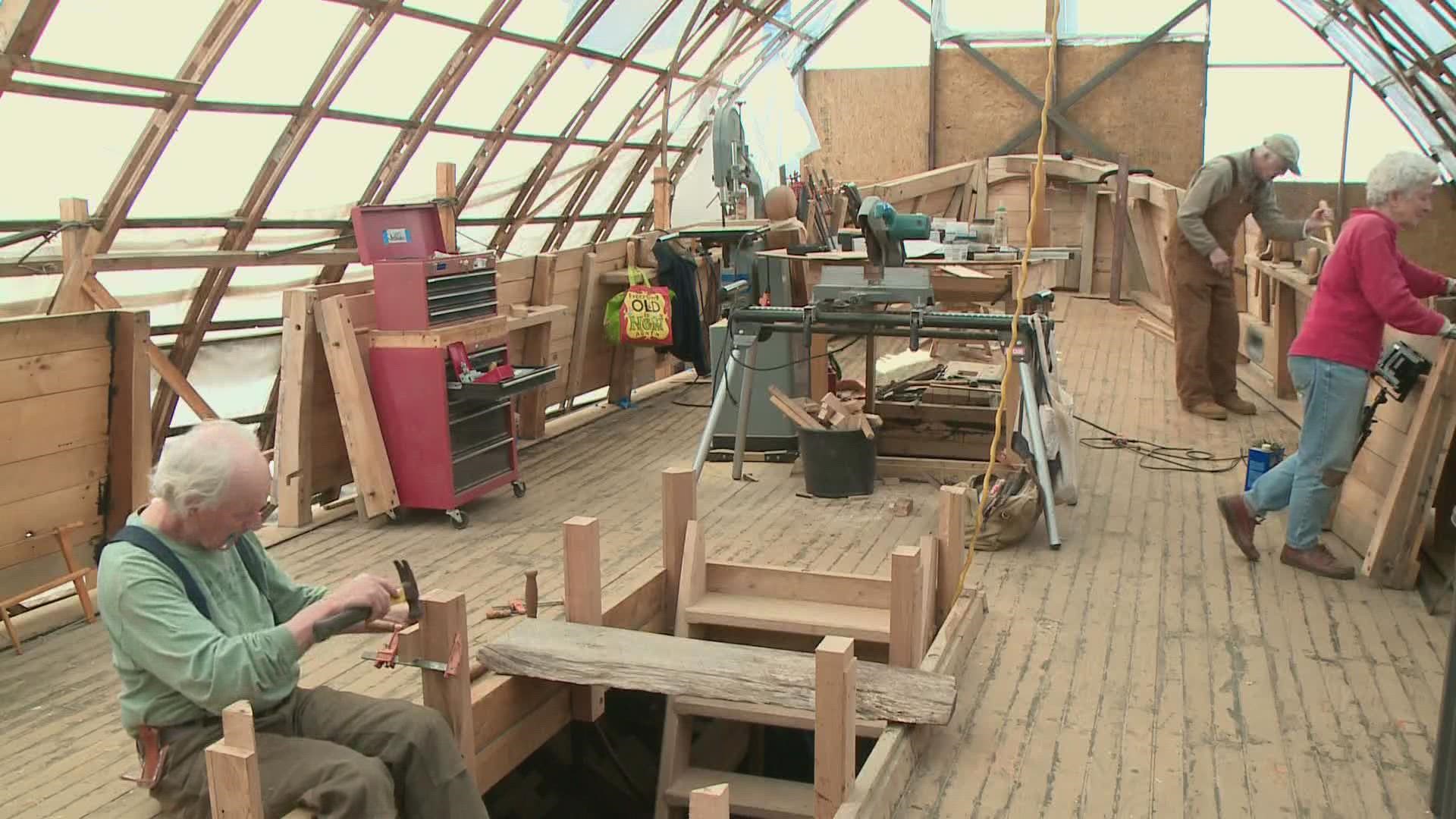 A team of volunteers is building a replica of Virginia, the ship built by the Popham Colony at its settlement at the mouth of the Kennebec River in 1607.