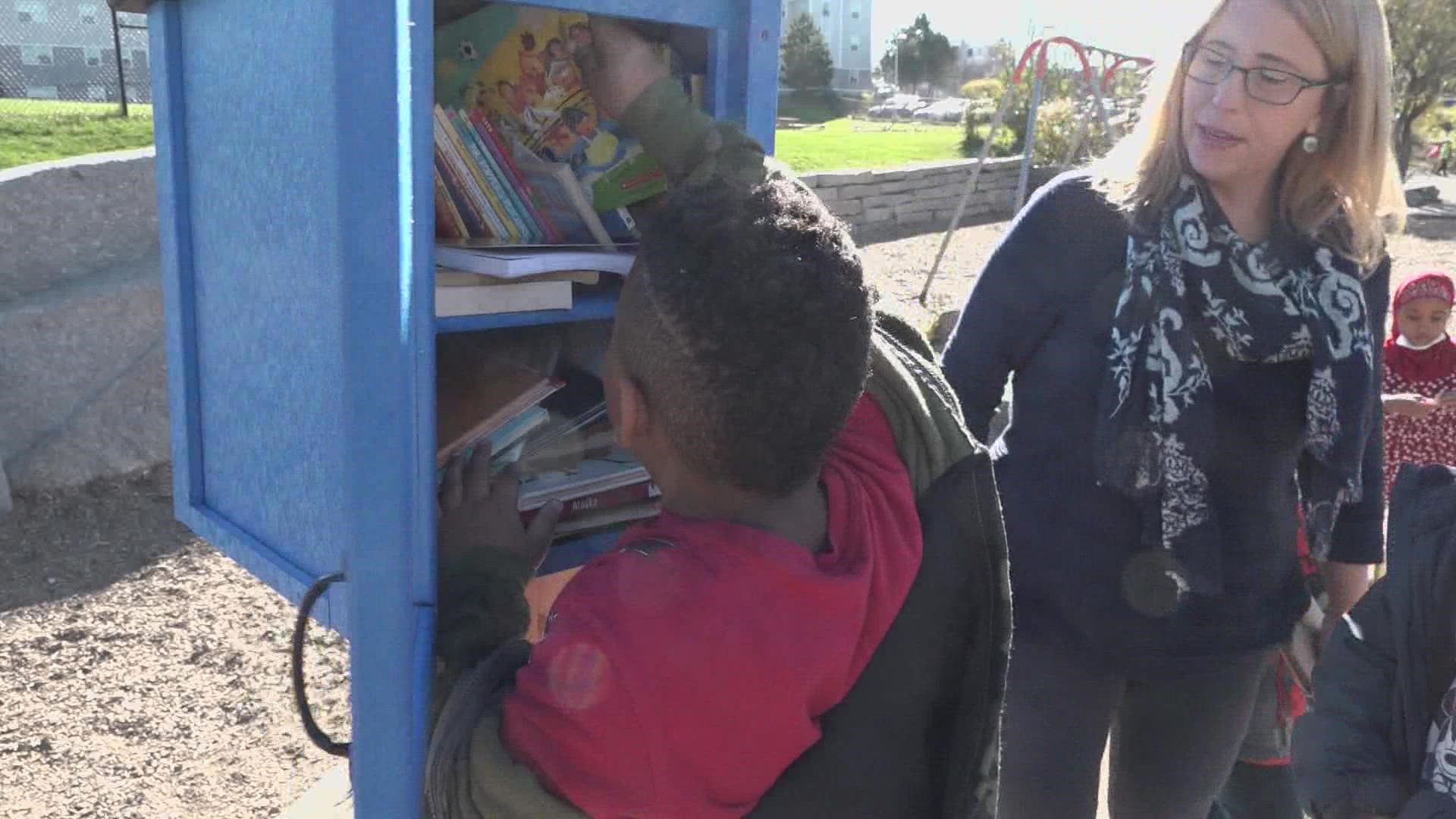 Students at East End Community School in Portland can now spend their recess time borrowing books from the school's new “Little Free Library.”