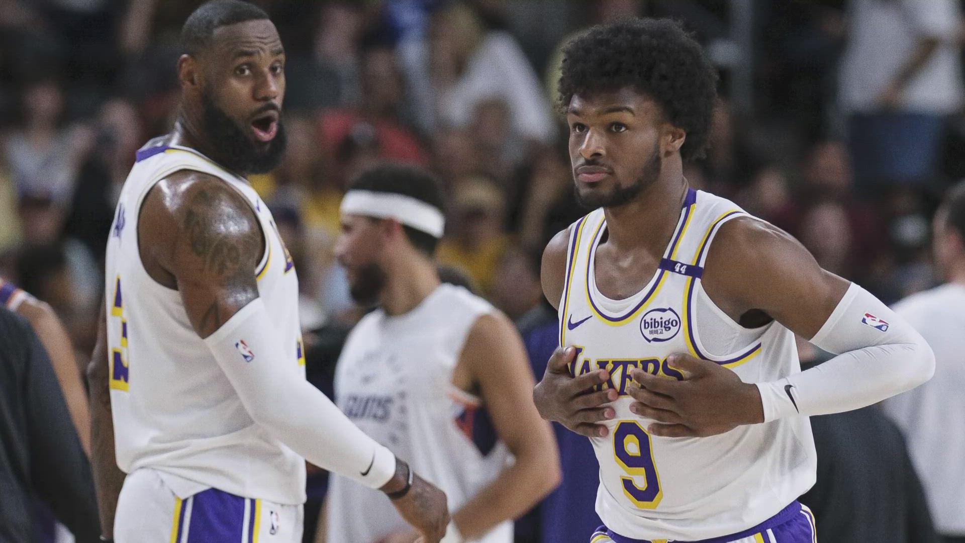 Bronny is a rookie on the Los Angeles Lakers this year. He and his dad became the first father-son duo to play in an NBA game together.