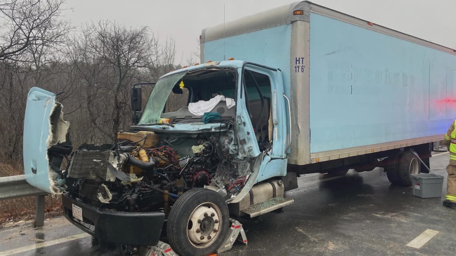 The box truck driver had to be extricated from the vehicle and suffered severe injuries that are not considered life-threatening, a release said Thursday.