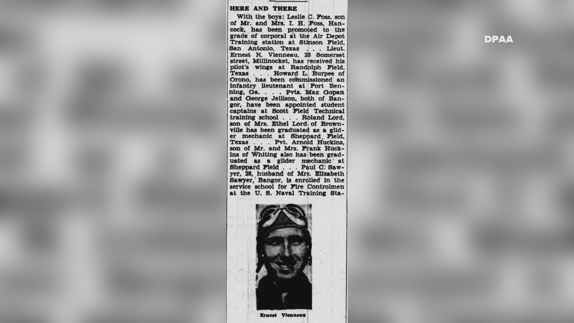 Second Lieutenant Ernest Vienneau was killed in action in 1944 while serving as a pilot. His remains were recovered in the fall of 2020.