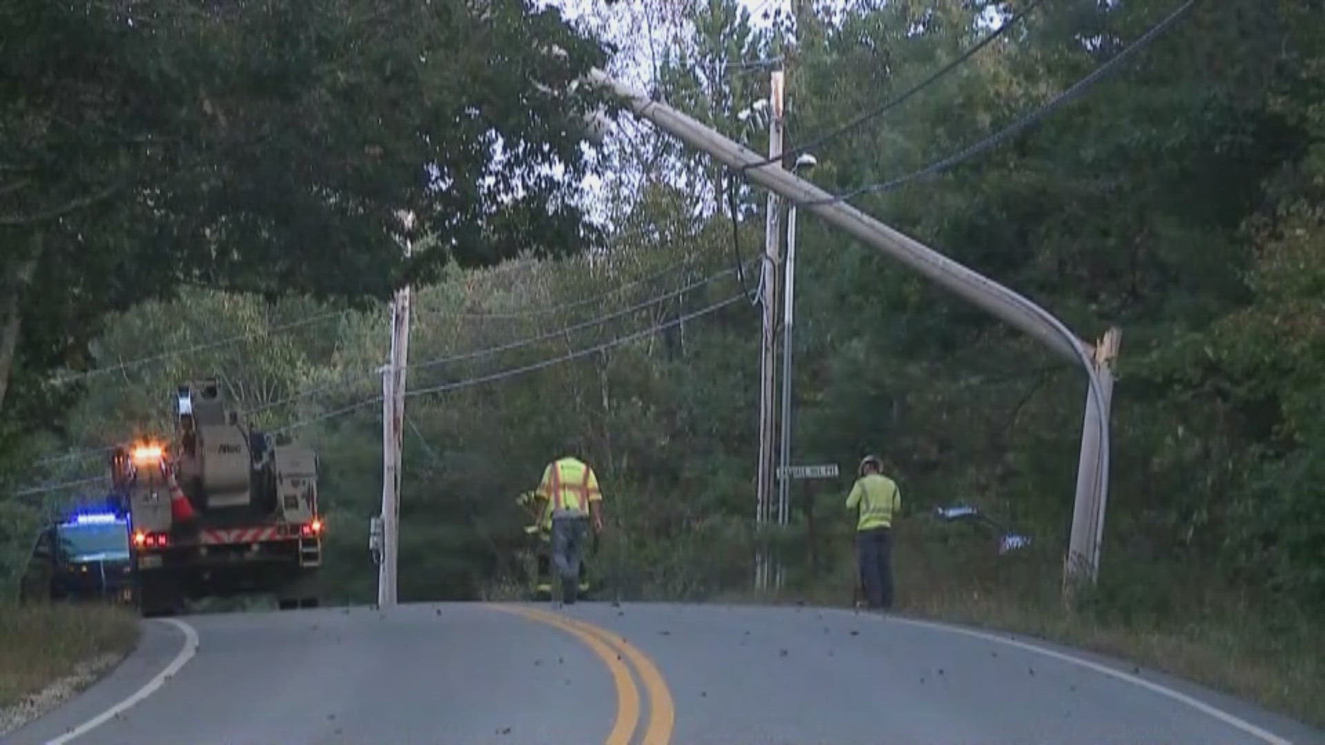 The road was closed Monday afternoon between Haskell Road and Steeplechase Road, and live wires were on the road.