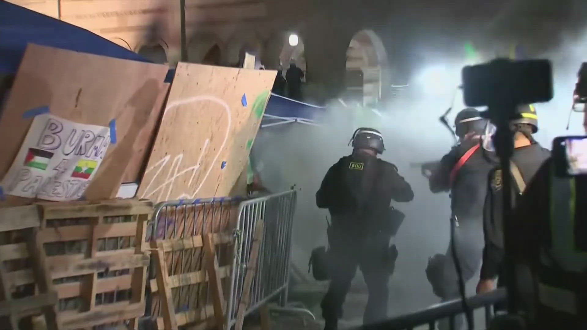 Protests at UCLA in particular have grown in intensity, as officers with riot gear worked to disperse crowds.