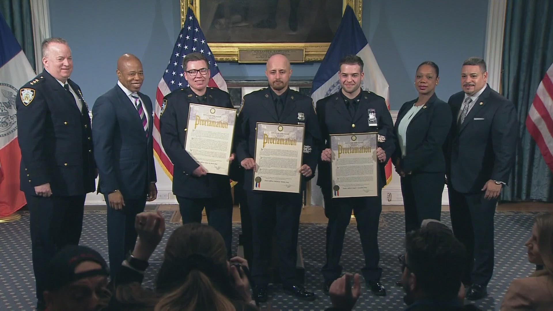 In a Wednesday ceremony, Mayor Eric Adams and the NYPD commissioner thanked the officers for their bravery and service.