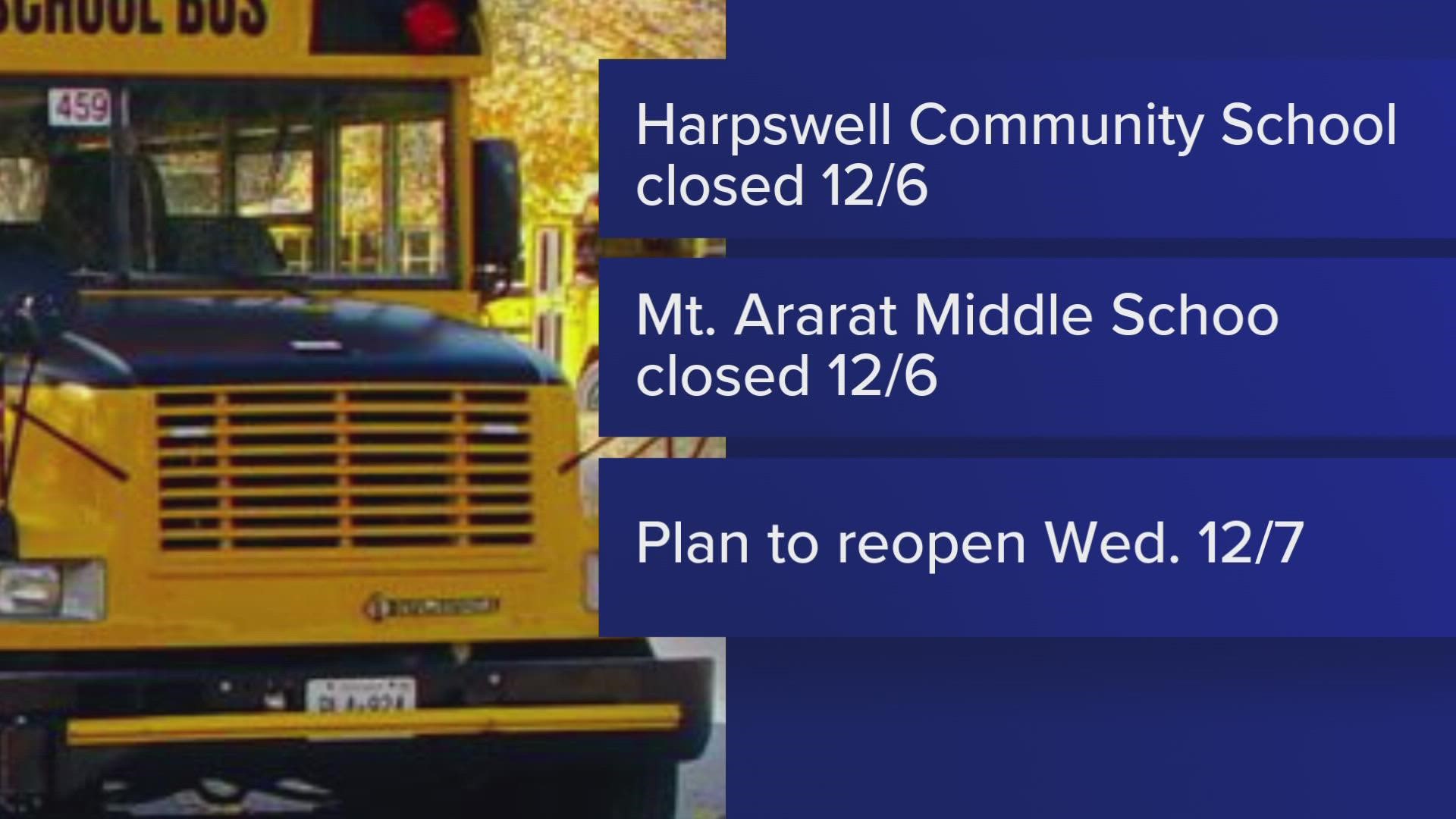 The Harpswell Community School and Mt. Ararat Middle School will reopen on Wednesday, according to a community message.