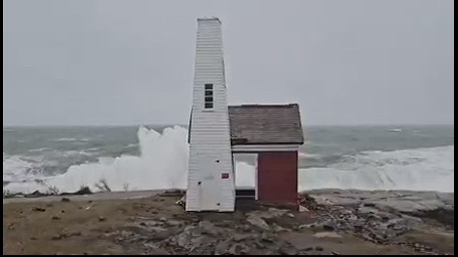 The building at the Pemaquid Point lighthouse damaged in Wednesday was struck again by punishing waves Saturday. Credit: Clyde Pendleton of Bristol Parks and Rec.