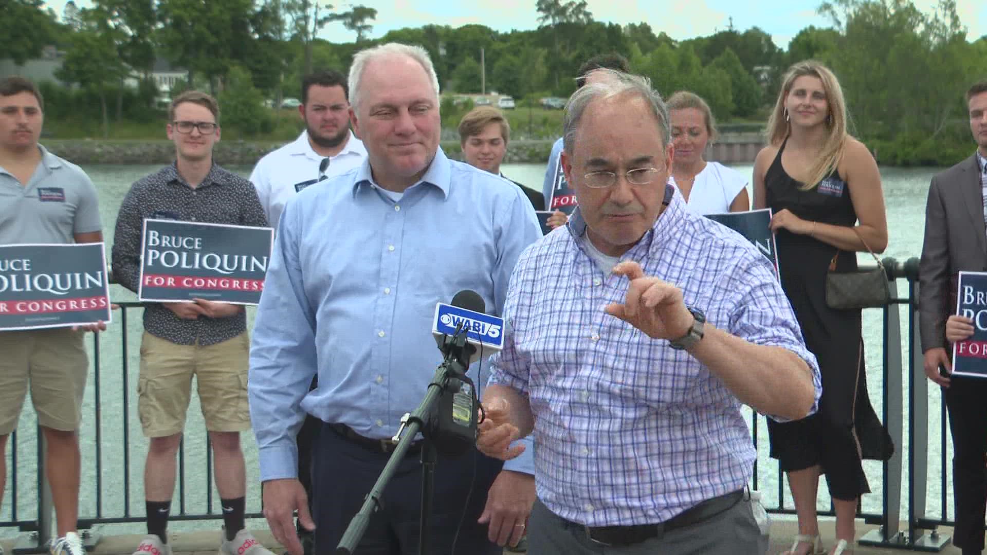 Poliquin and Scalise met with supporters on the Bangor Waterfront to discuss issues such as inflation and gun control laws.