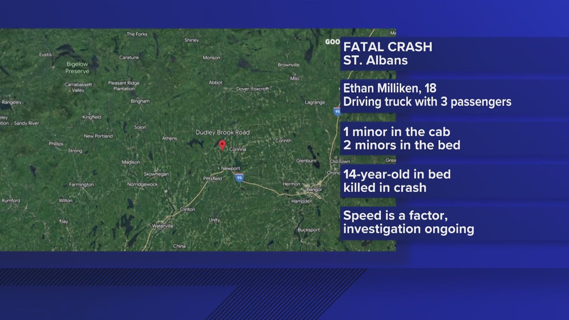 The 14-year-old was riding in the bed of a pickup truck at the time of the crash. He was later pronounced dead at an area hospital.