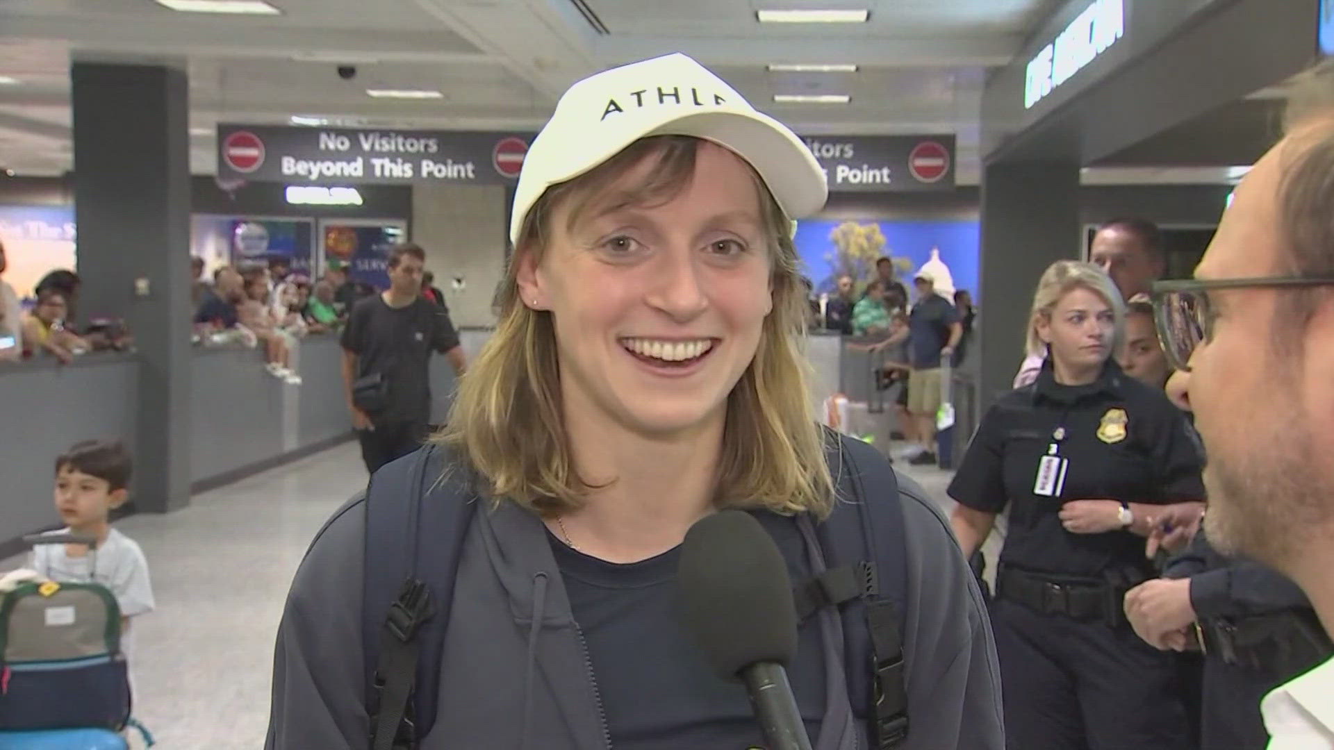 Record-breaking Olympic medalist Katie Ledecky gets a warm welcome from fans when she returns home from the Paris Olympics.