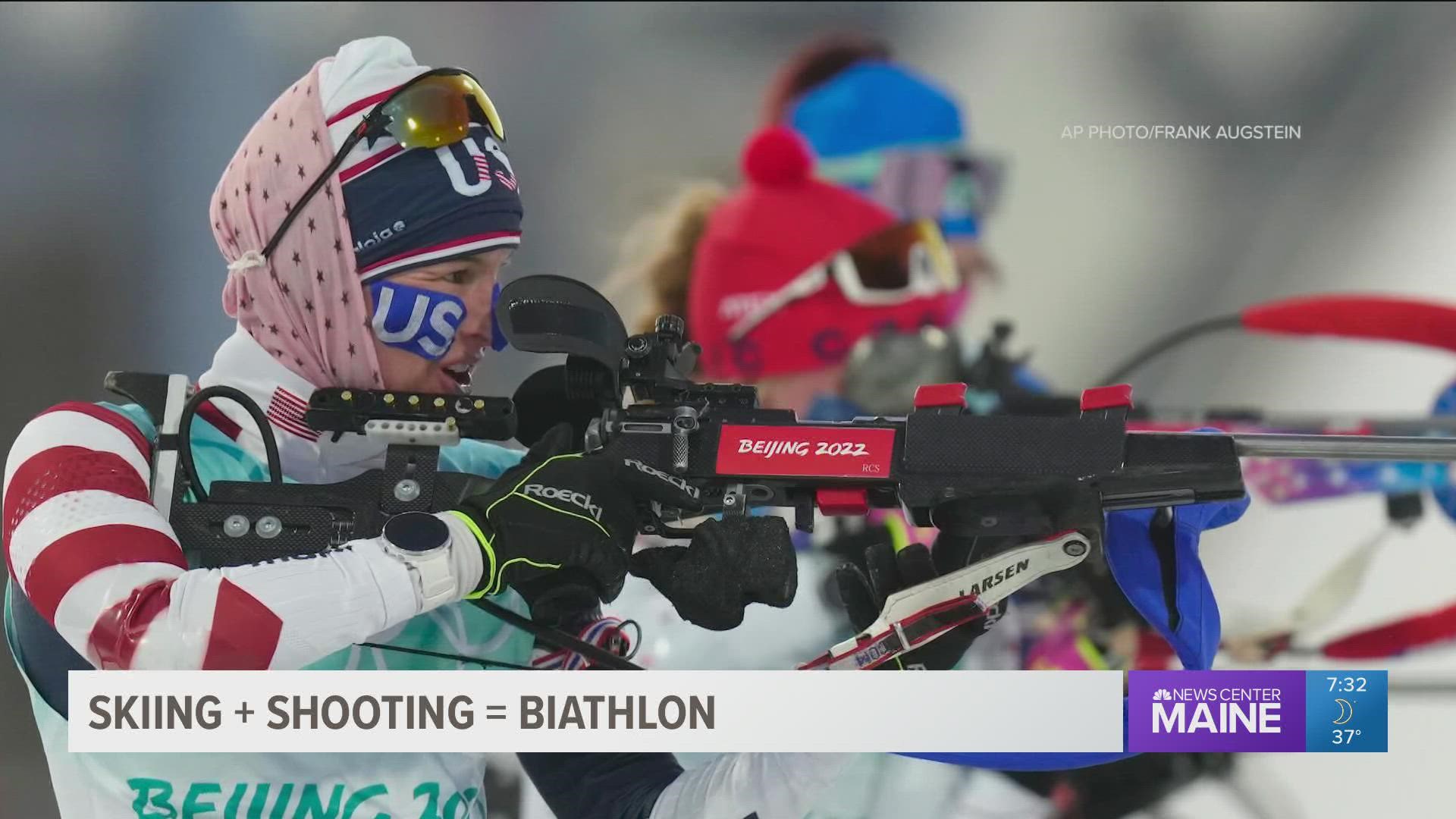 Biathlon combines cross-country skiing and rifle shooting. Egan competed in Pyeongchang in 2018, and has been honing her skills with the rifle.