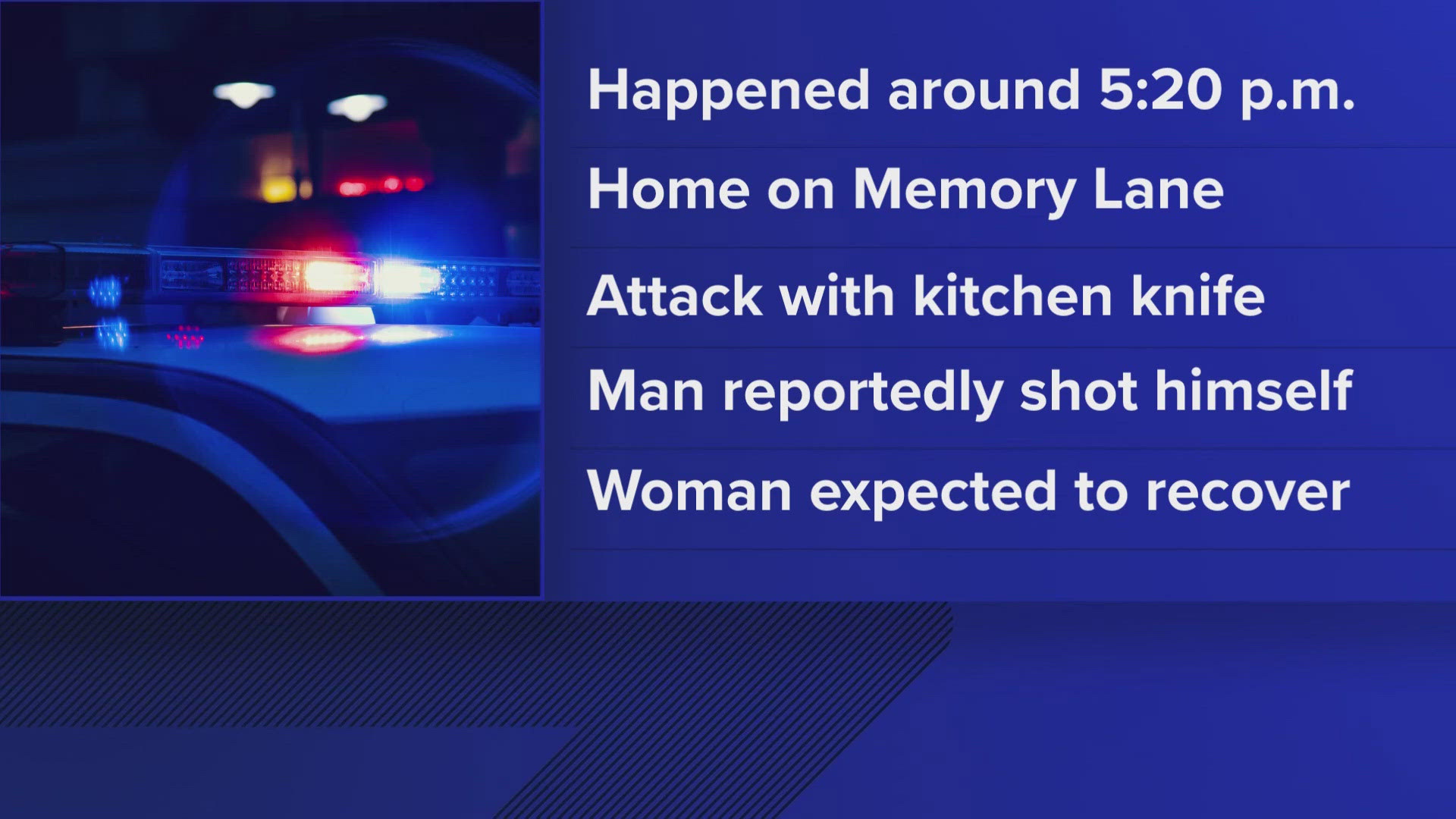 Police say the stabbing happened late Saturday afternoon at a home on Memory Lane where a woman's nephew reportedly attacked her with a kitchen knife.