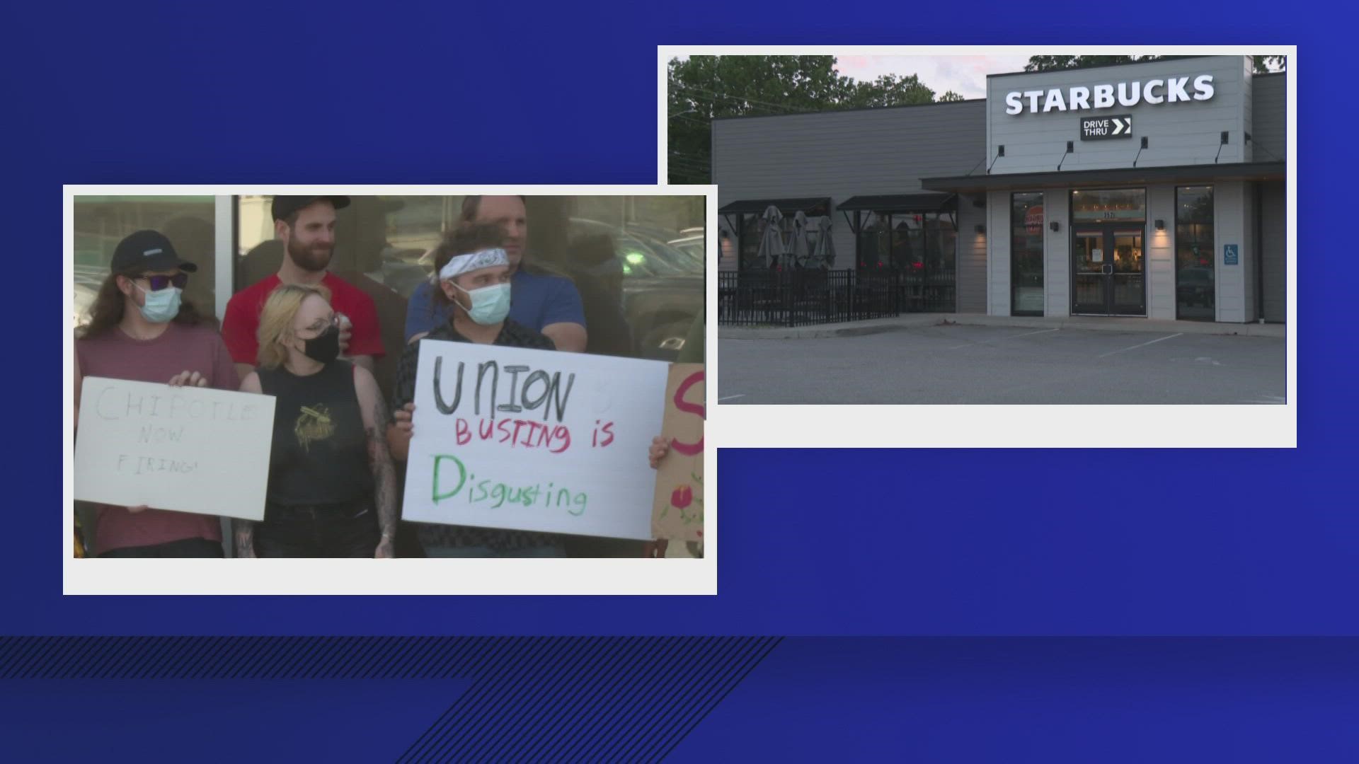 The Augusta Chipotle has been closed since June 17. Biddeford Starbucks employees voted 9-3 to unionize on July 14.