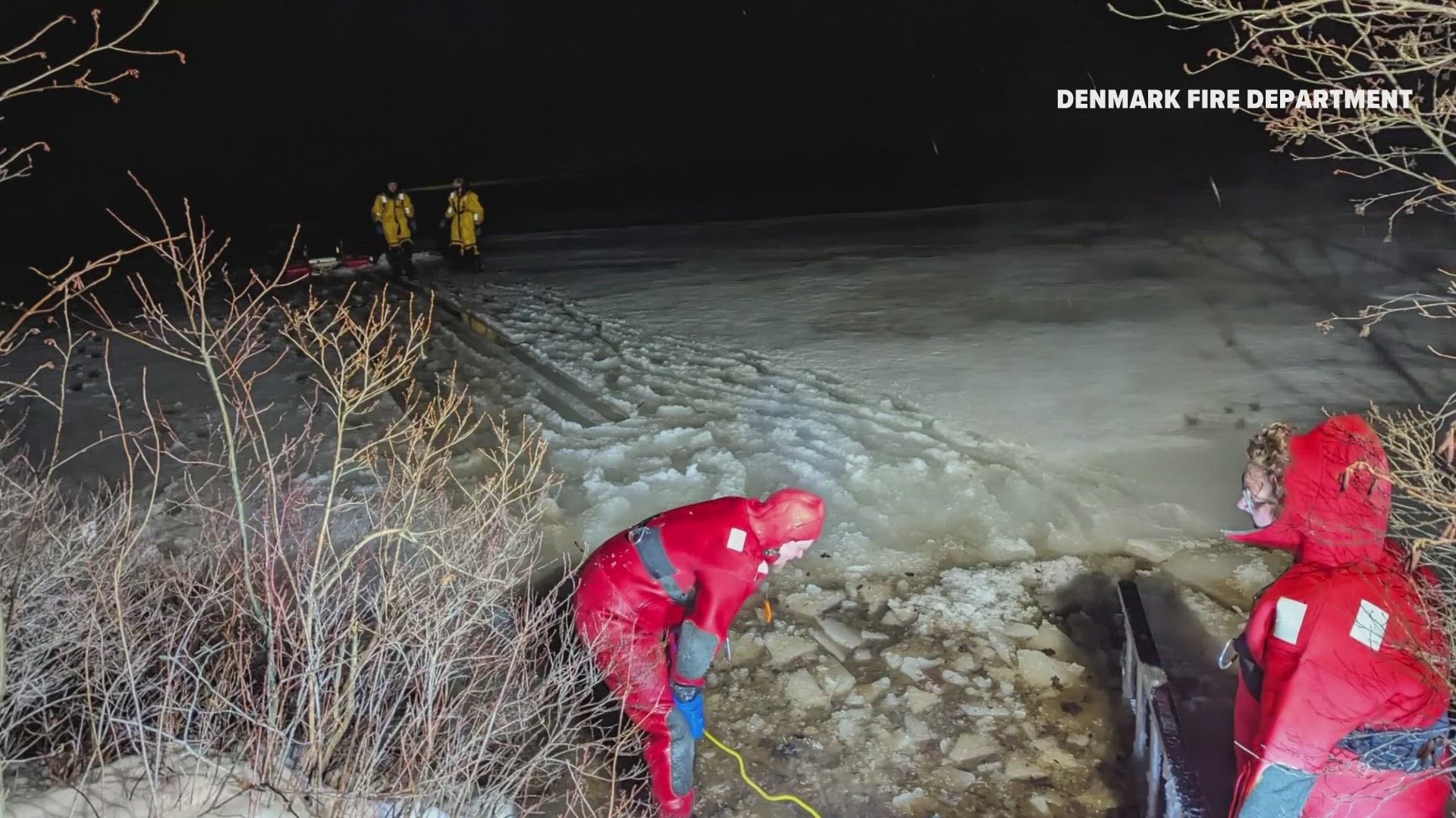 First responders rescued five people, including three children, Saturday night after the side-by-side they were traveling on broke through the ice on Moose Pond.