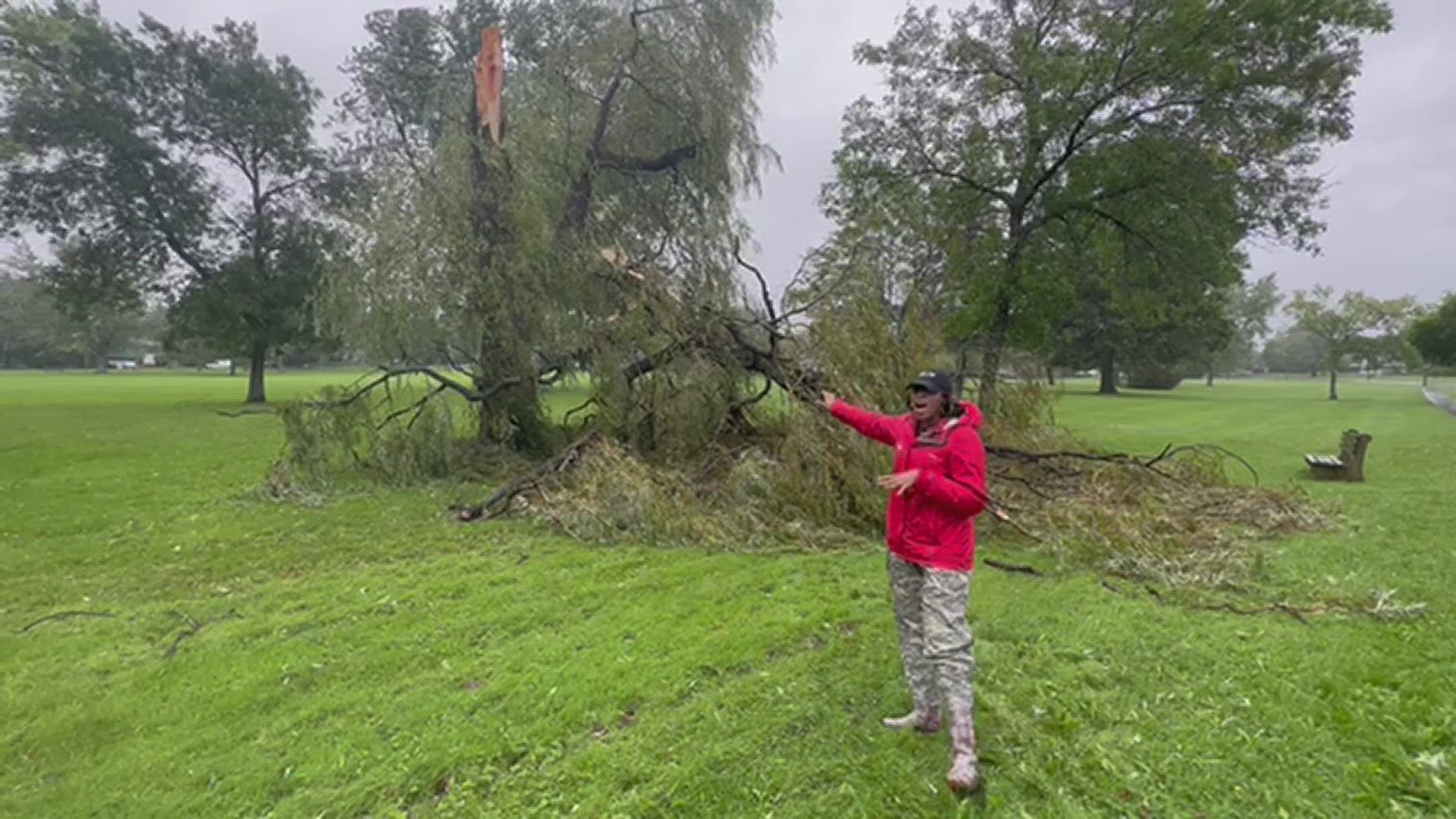 NEWS CENTER Maine's Rya Wooten reports Saturday morning from Bangor showing a tree that had broken because of the wind and rain.