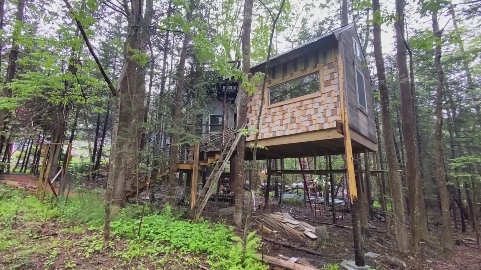 Southwest Harbor resident Bowen Swersey has built unique treehouses with railings made out of branches and one even built entirely out of salvaged materials.