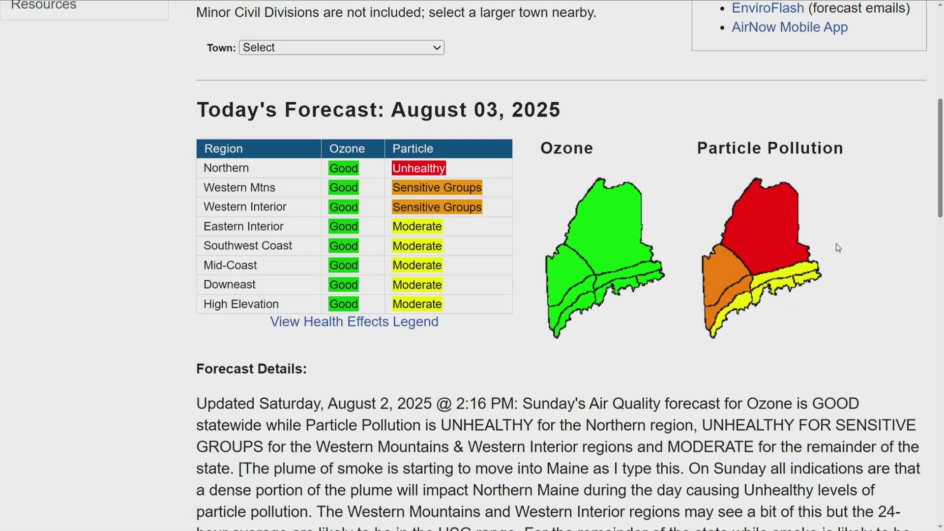 A plume of smoke moved into Maine on Saturday, according to the Maine Department of Environmental Protection. 