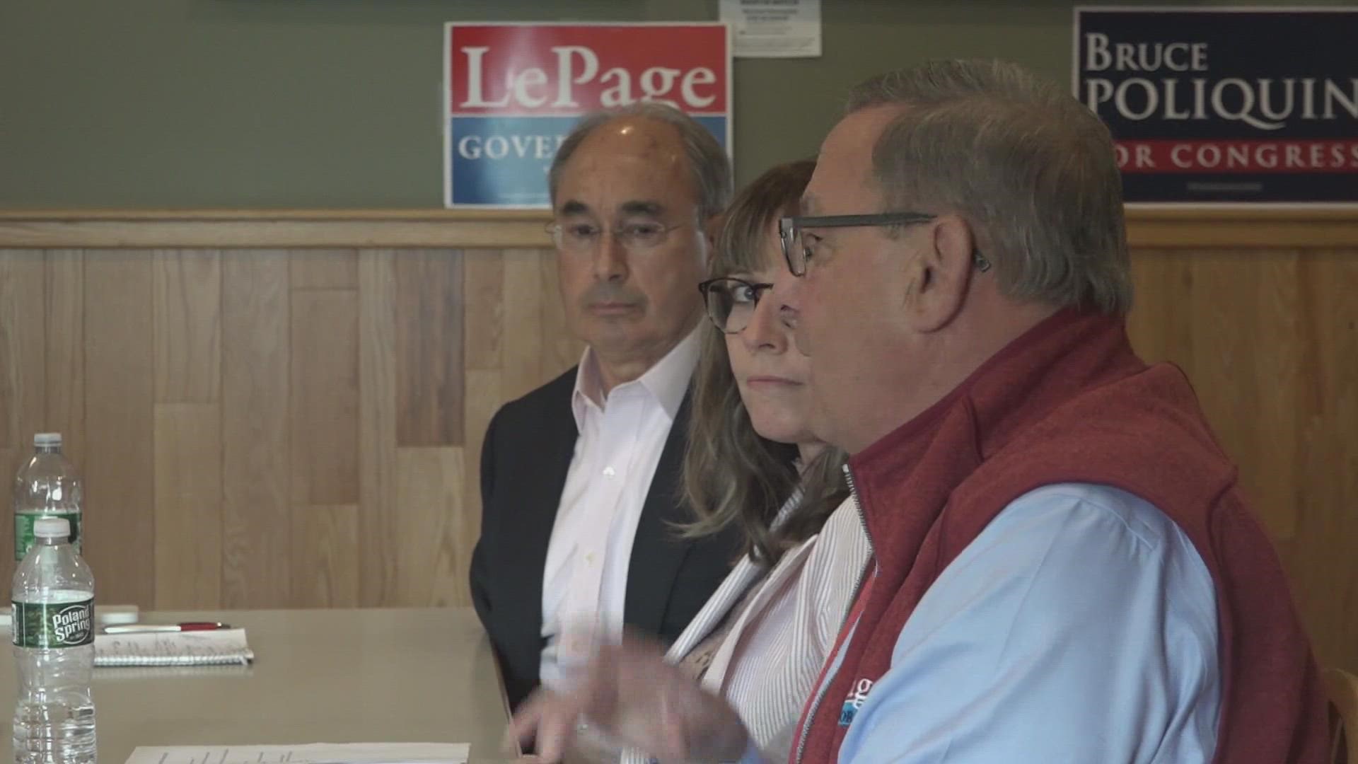 Former Republican U.S. Rep. Bruce Poliquin and former Gov. Paul Lepage met with Mainers at Dysart's in Bangor on Thursday morning.