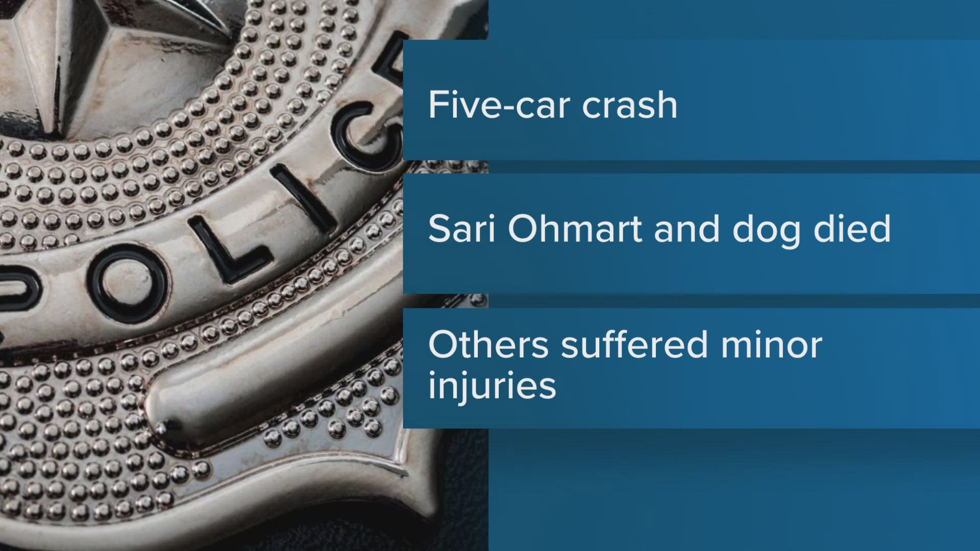 Five vehicles were involved in the deadly crash. A woman from Brewer was pronounced dead at the scene, and dog also died. Others injured only had minor injuries.