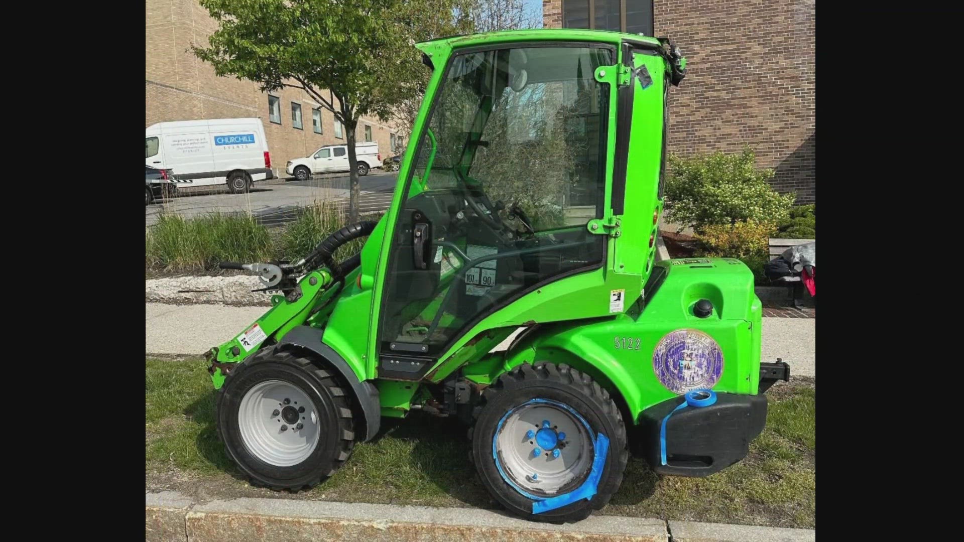 The bright green vehicle is used by the nonprofit when the weather is good to keep the streets clean.