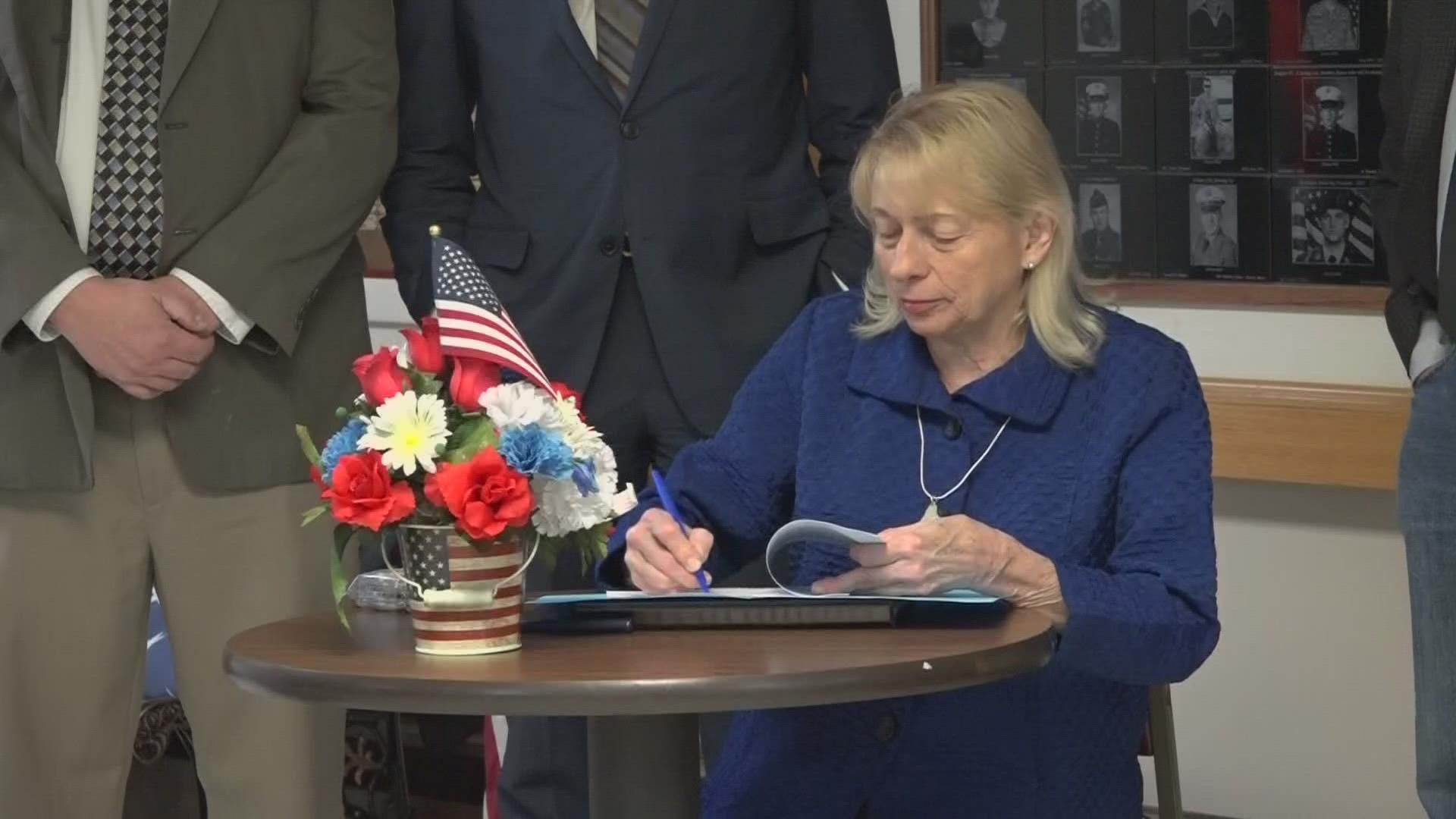 Gov. Mills and Senate President Jackson visited Caribou to celebrate a new bill signed into law keeping the Maine Veterans' Homes in Caribou and Machias open.