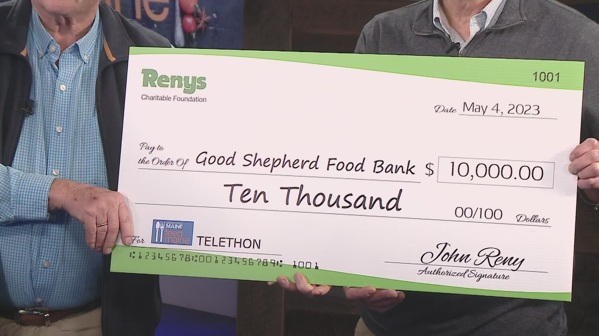 The Renys Charitable Foundation donated $10,000 to the Good Shepherd Food Bank during NEWS CENTER Maine's 2023 Feed Maine Telethon.