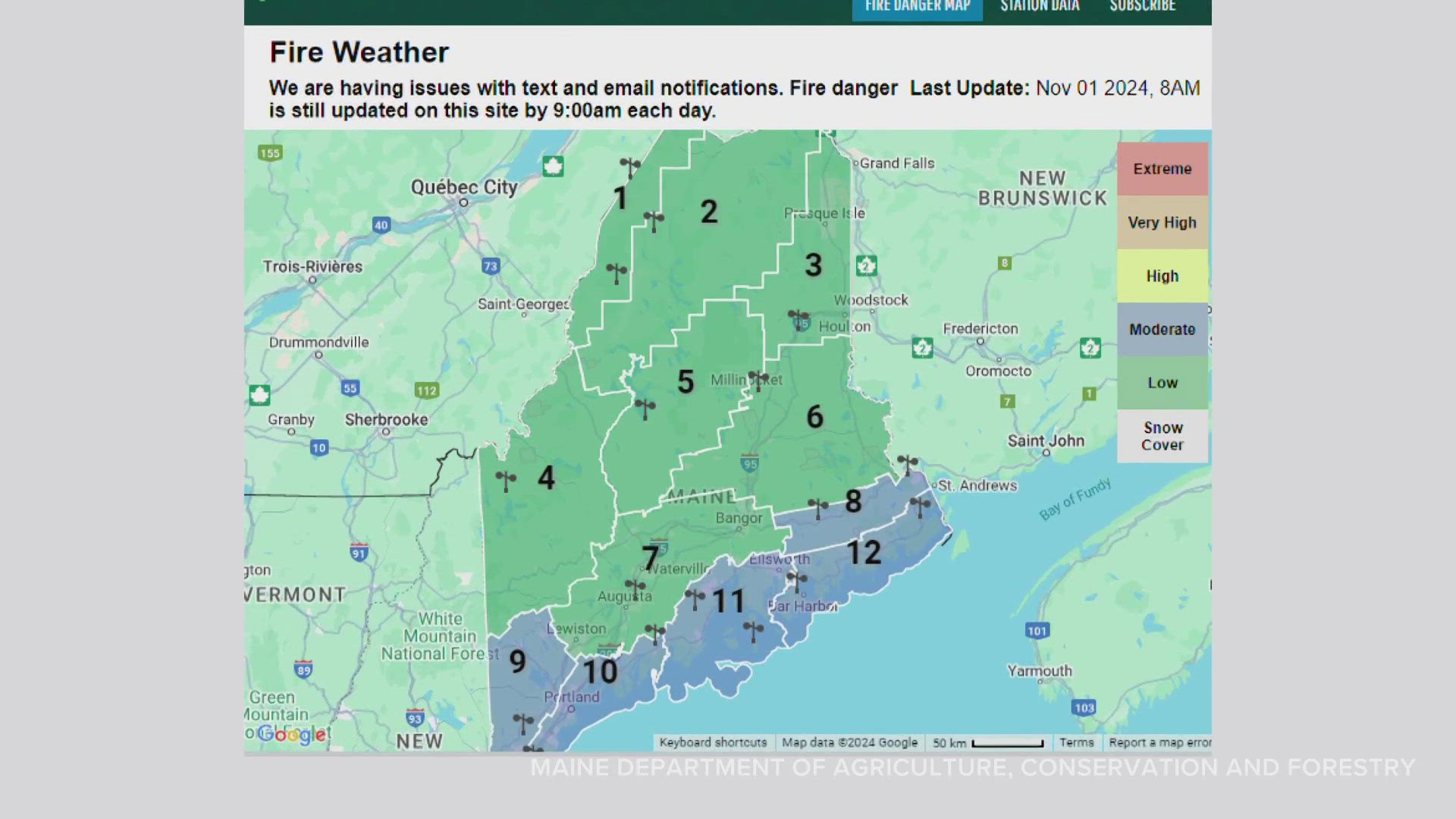 While much of the state is now considered low fire danger, parts of coastal Maine are at a moderate fire danger level.