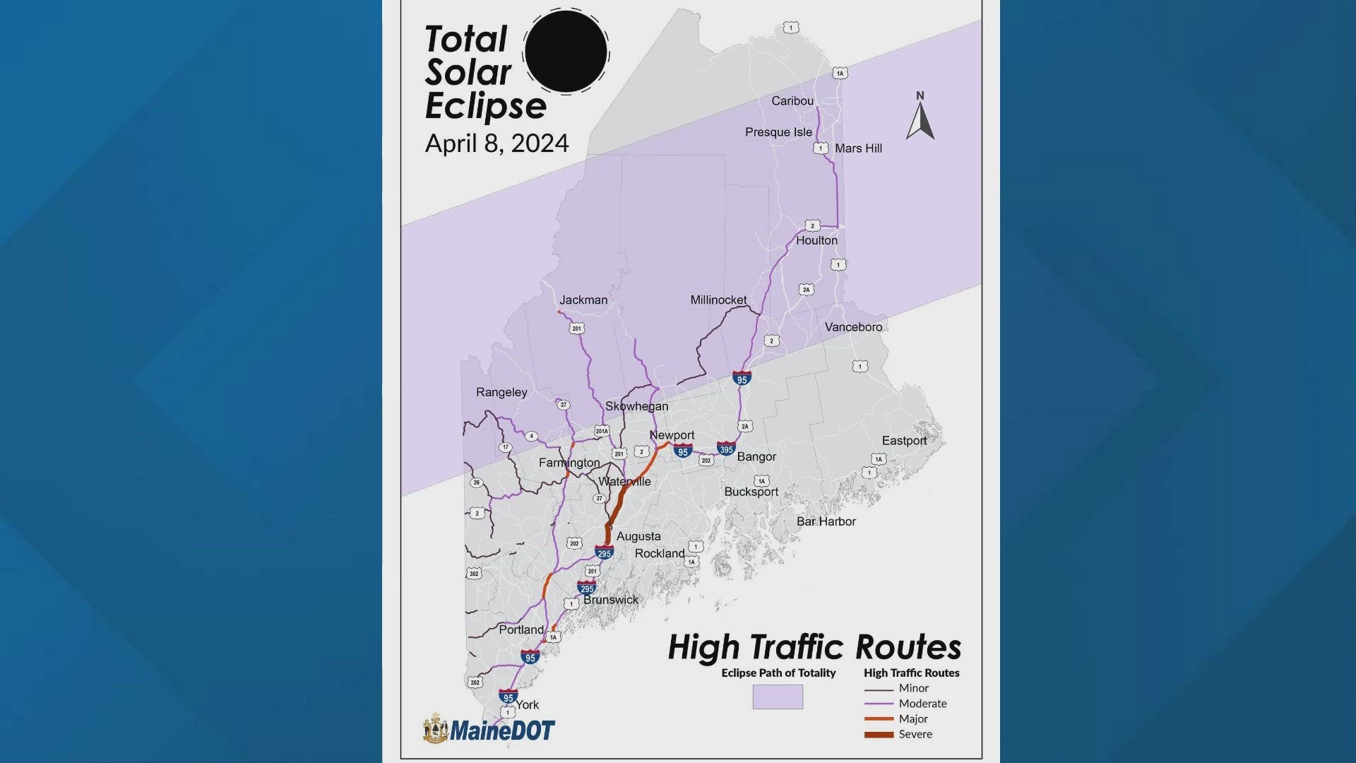 The Maine Department of Transportation shared a map breaking down where they anticipate traffic issues April 8, as travelers make their way to the path of totality.