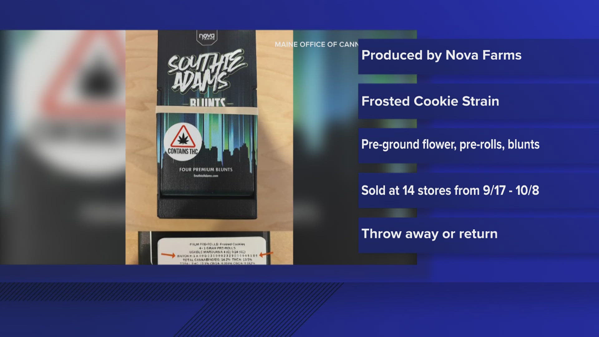 Recalled cannabis flower, pre-rolls, and blunts produced by Nova Farms were sold at 14 adult-use retail stores in Maine between Sept. 17 and Oct. 8, 2024.