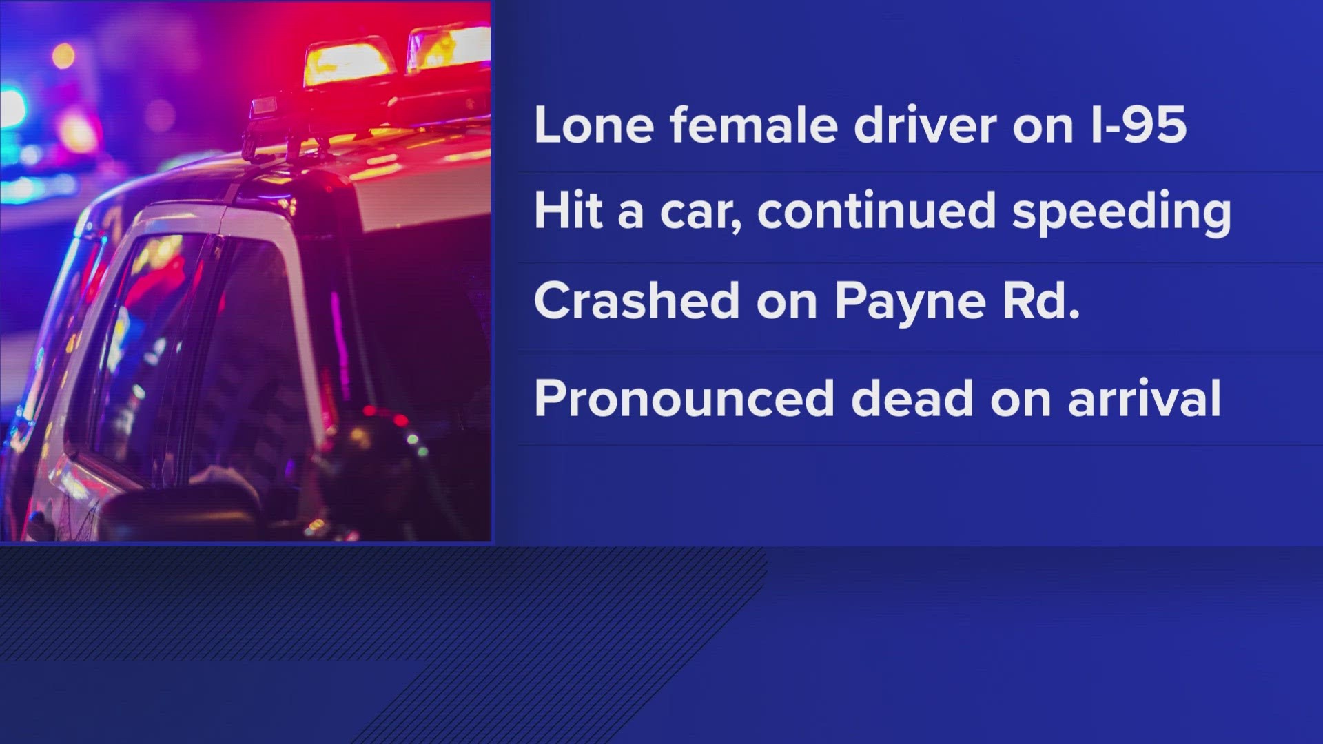 Police say the driver hit another car on I-95, then got off on exit 42 where the vehicle a rock and utility pole before coming to rest.