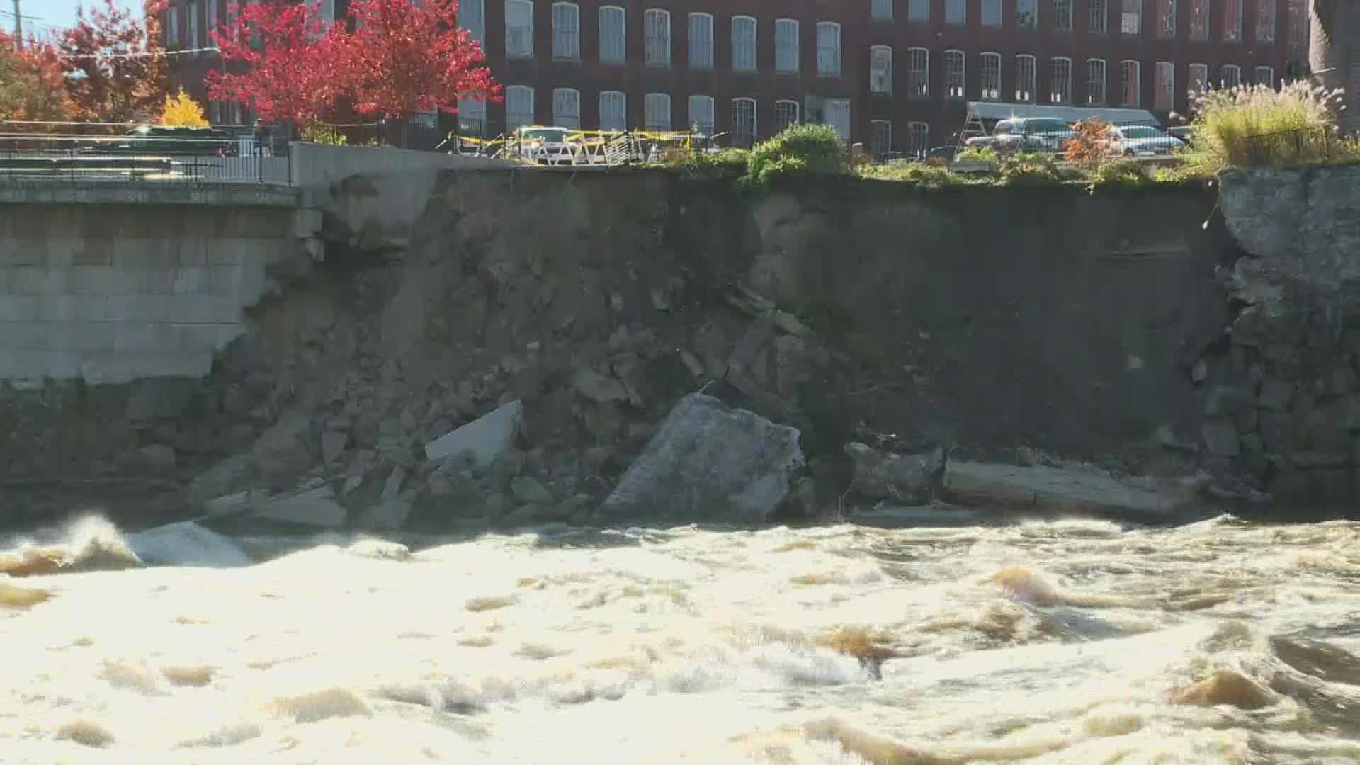 On Sunday morning, a local resident noticed that a large section of the embankment near the Pepperell Mill Campus had collapsed into the river.