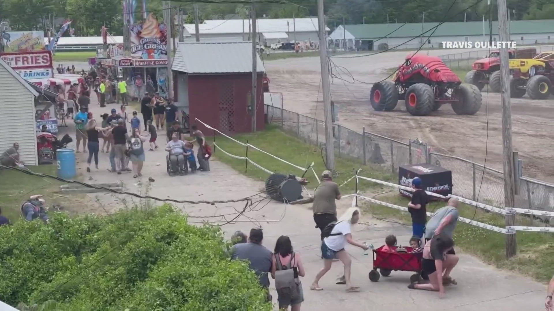 During the event, a monster truck drove over a dirt mogul and struck electrical wires, pulling down multiple utility poles. Her family was injured in the incident.