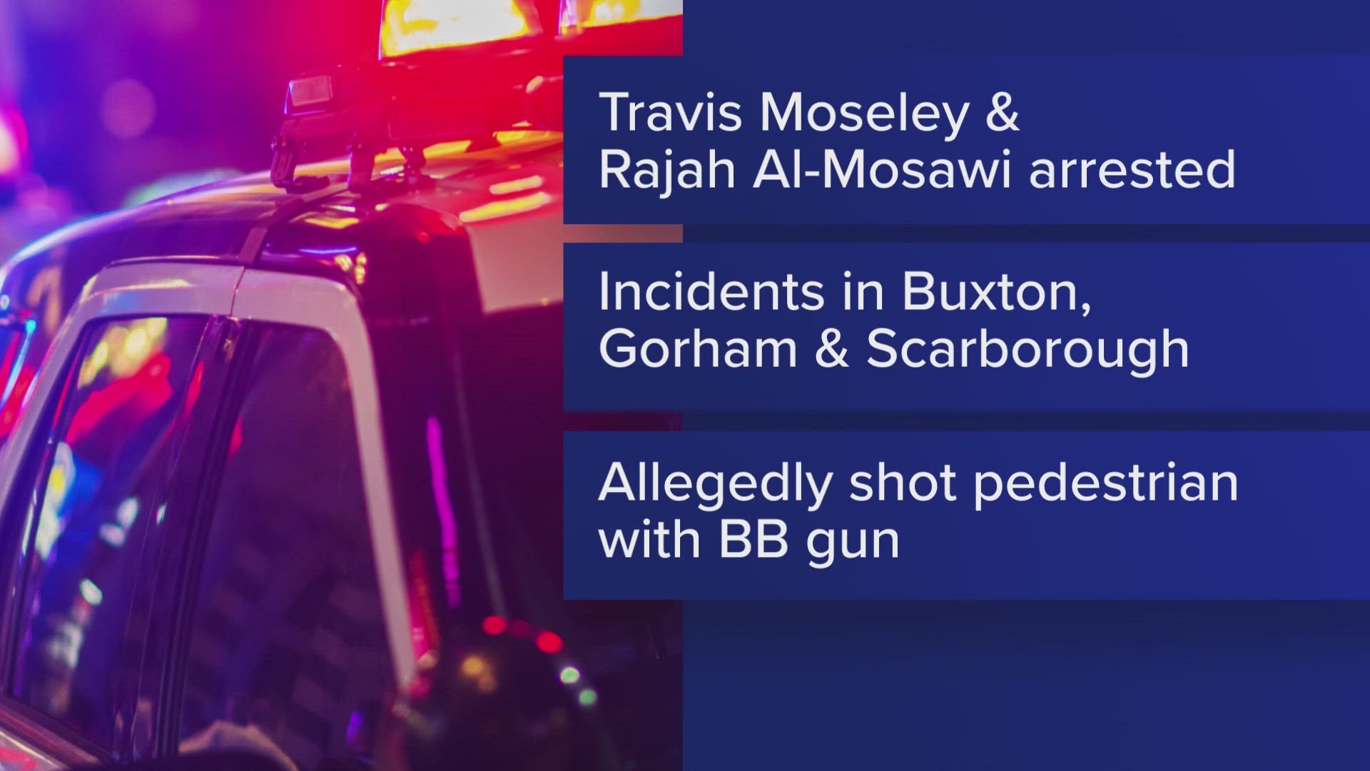 The incidents were reported in Buxton, Gorham, and possibly Scarborough.