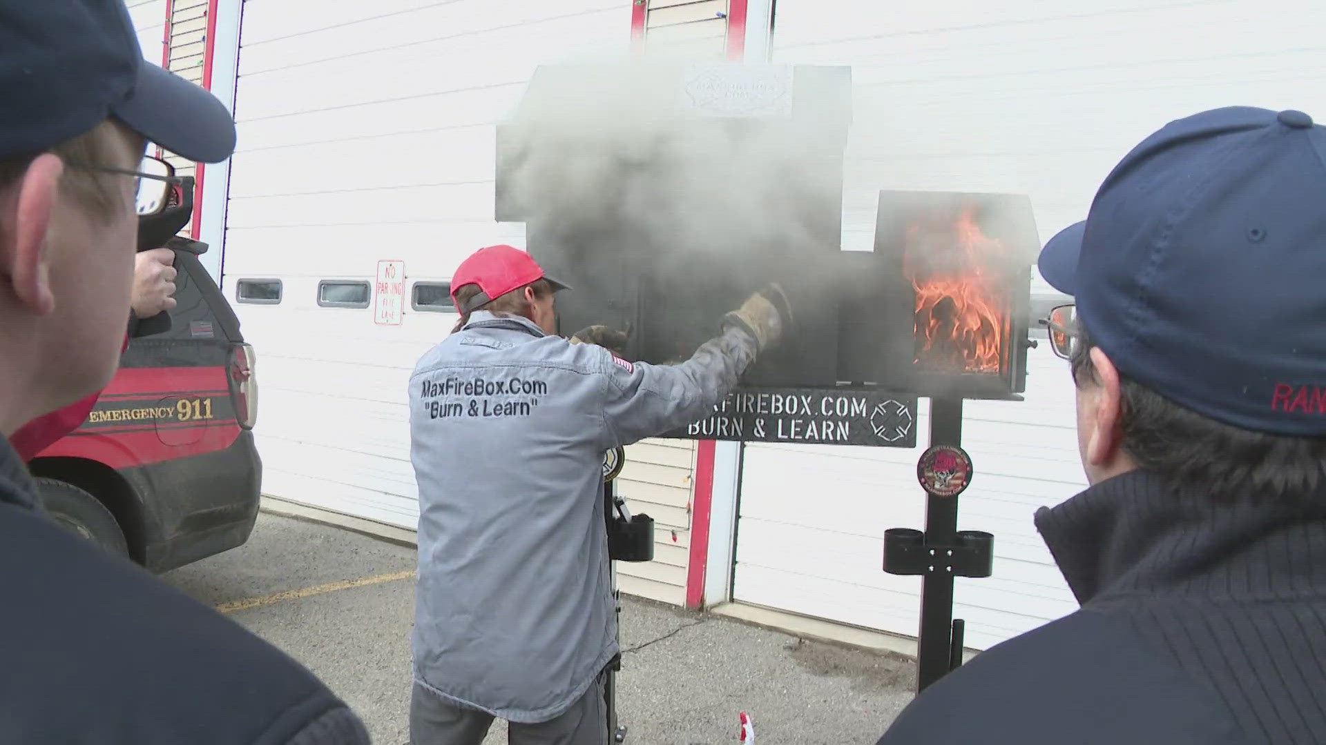 The Max Fire Box is a reusable training prop for firefighters to learn about different kinds of fires and the best ways to extinguish them.