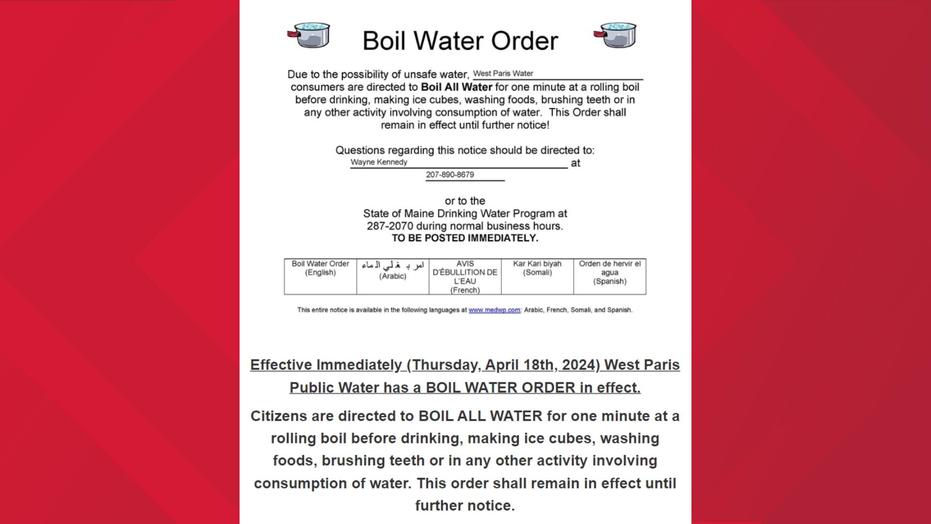 Boil water order issued for West Paris