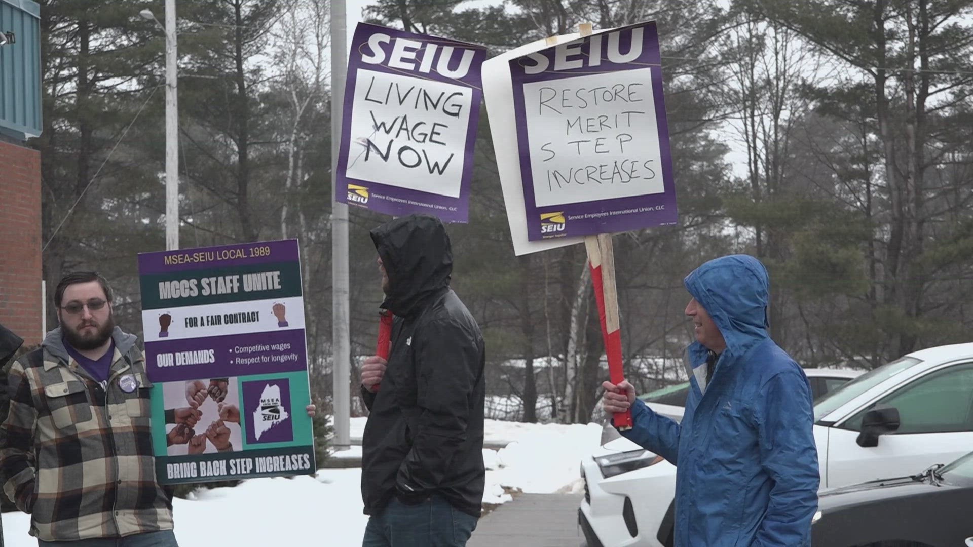 Members of a union representing service employees at the colleges staged an informational picket Wednesday morning in Bangor.