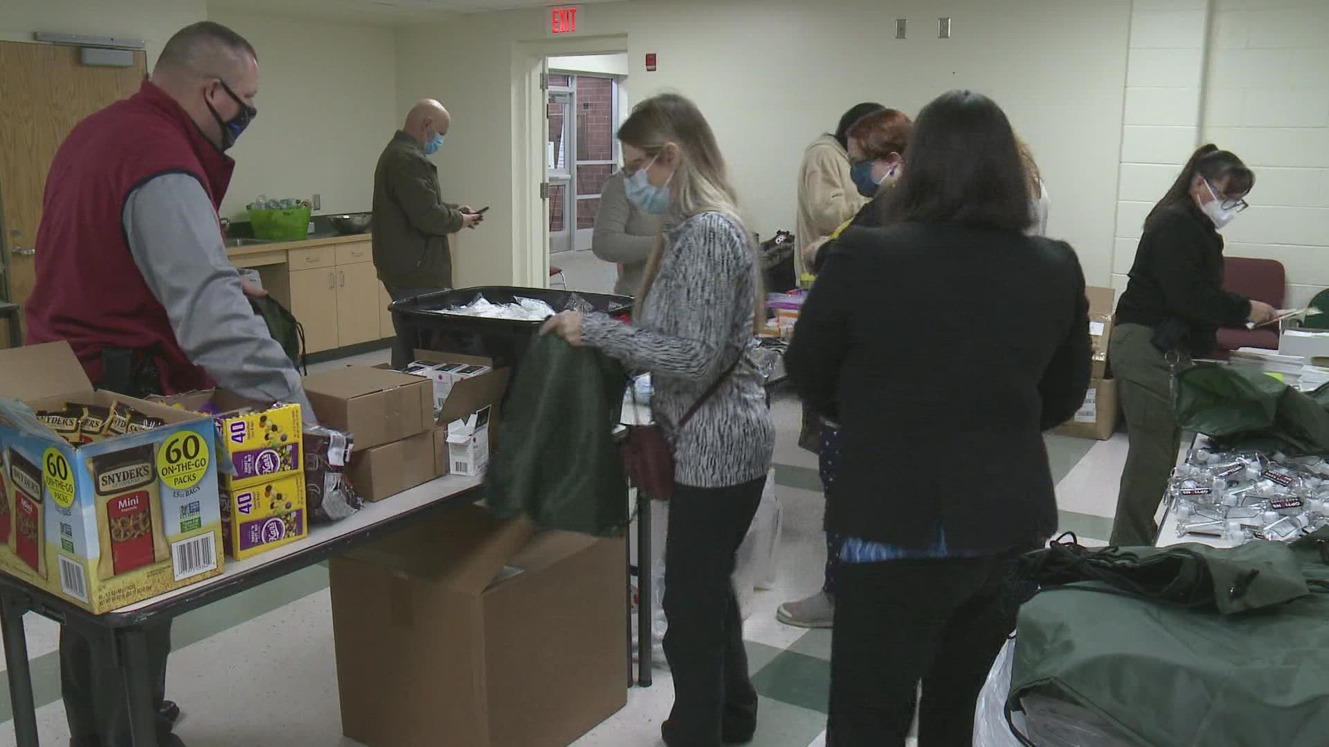 The bags contain items like Narcan, birth control, and brochures to connect people to services