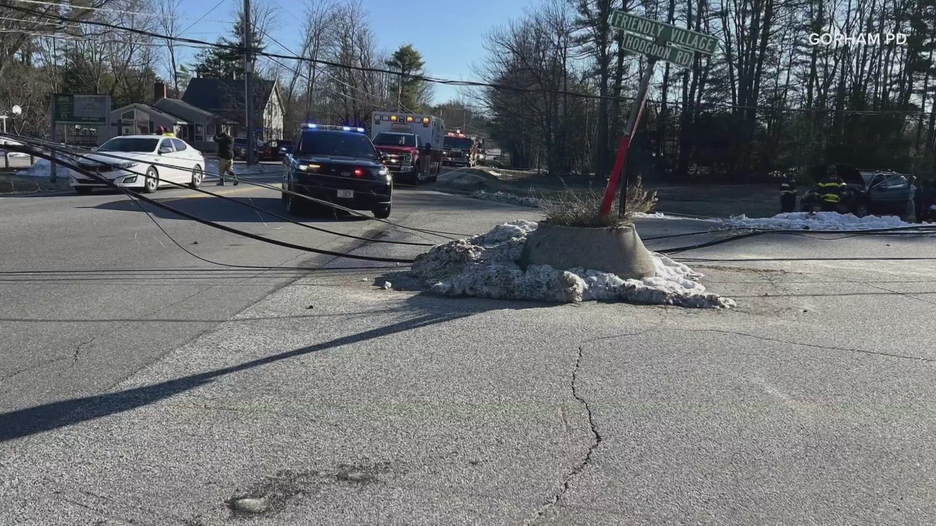 County Road, also known as Route 22, was closed from Deering Road to Scarborough Corner after a crash causes extensive damage.