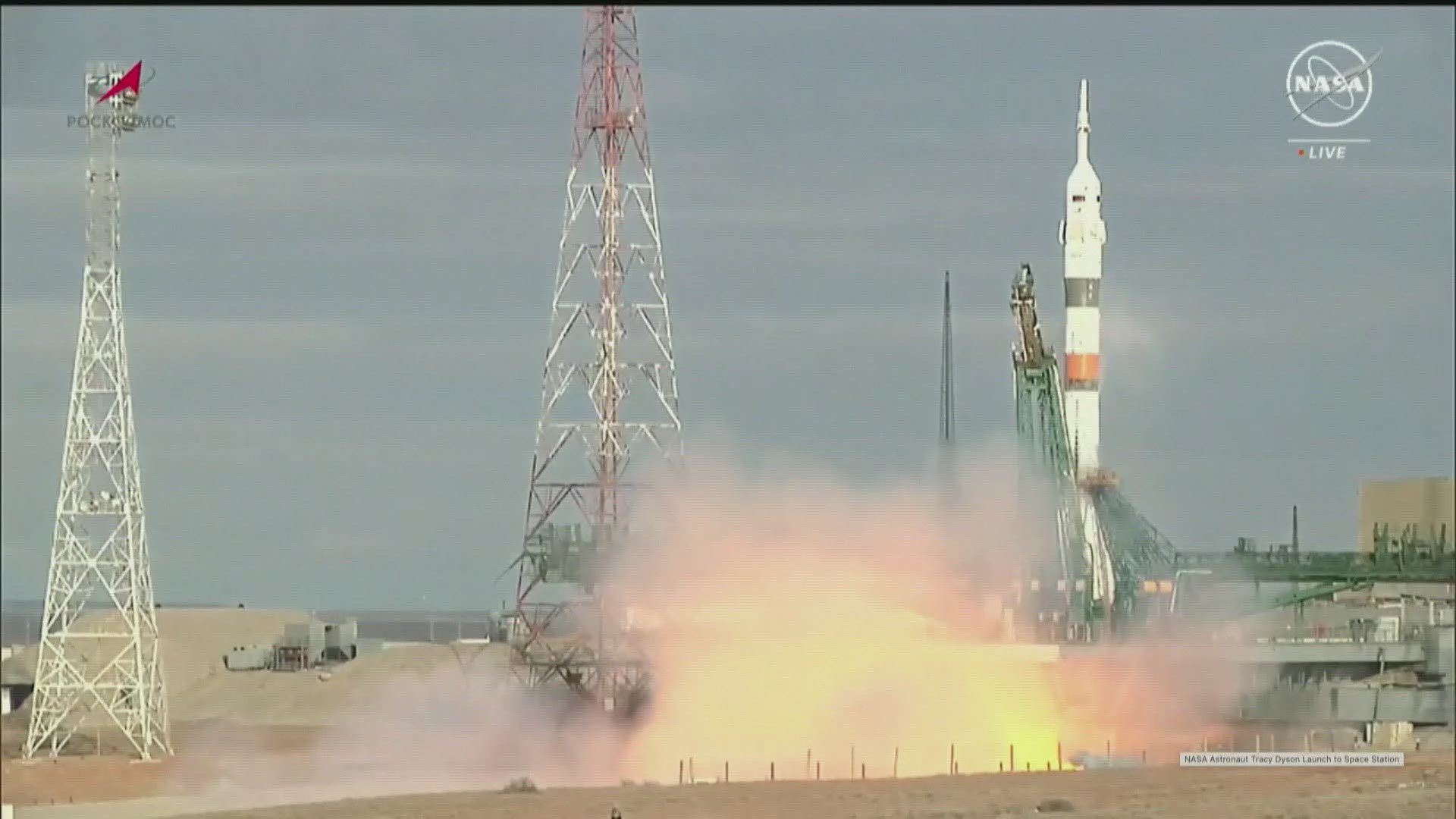 The spacecraft carrying NASA astronaut Tracy Dyson, a cosmonaut, and a passenger from Belarus launched Saturday from Kazakhstan.