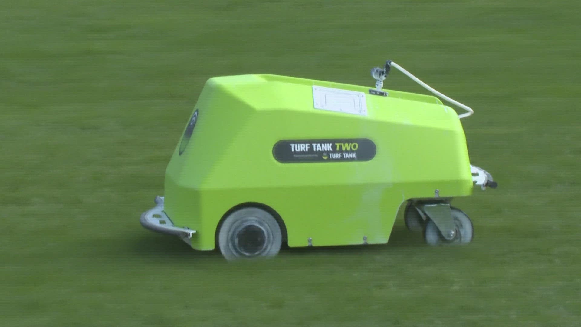 The automated machine can be programmed to paint the field lines for any sport. It follows GPS coordinates and relieves ground crews from marking the lines by hand.