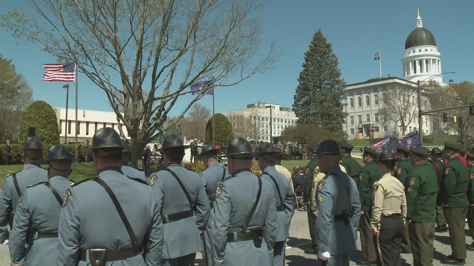 The street in front of the memorial was shut down for the ceremony, as columns of officers marched from Capitol Park.
