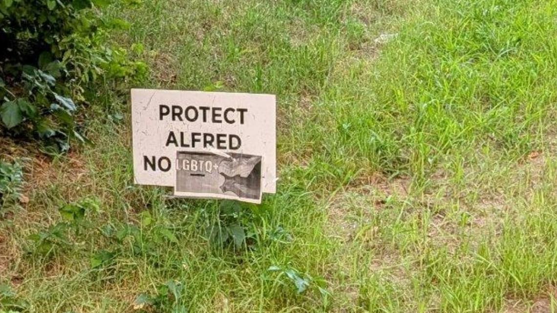 Protest signs in Alfred vandalized with anti-LGBTQ+ messages, sparking community outrage