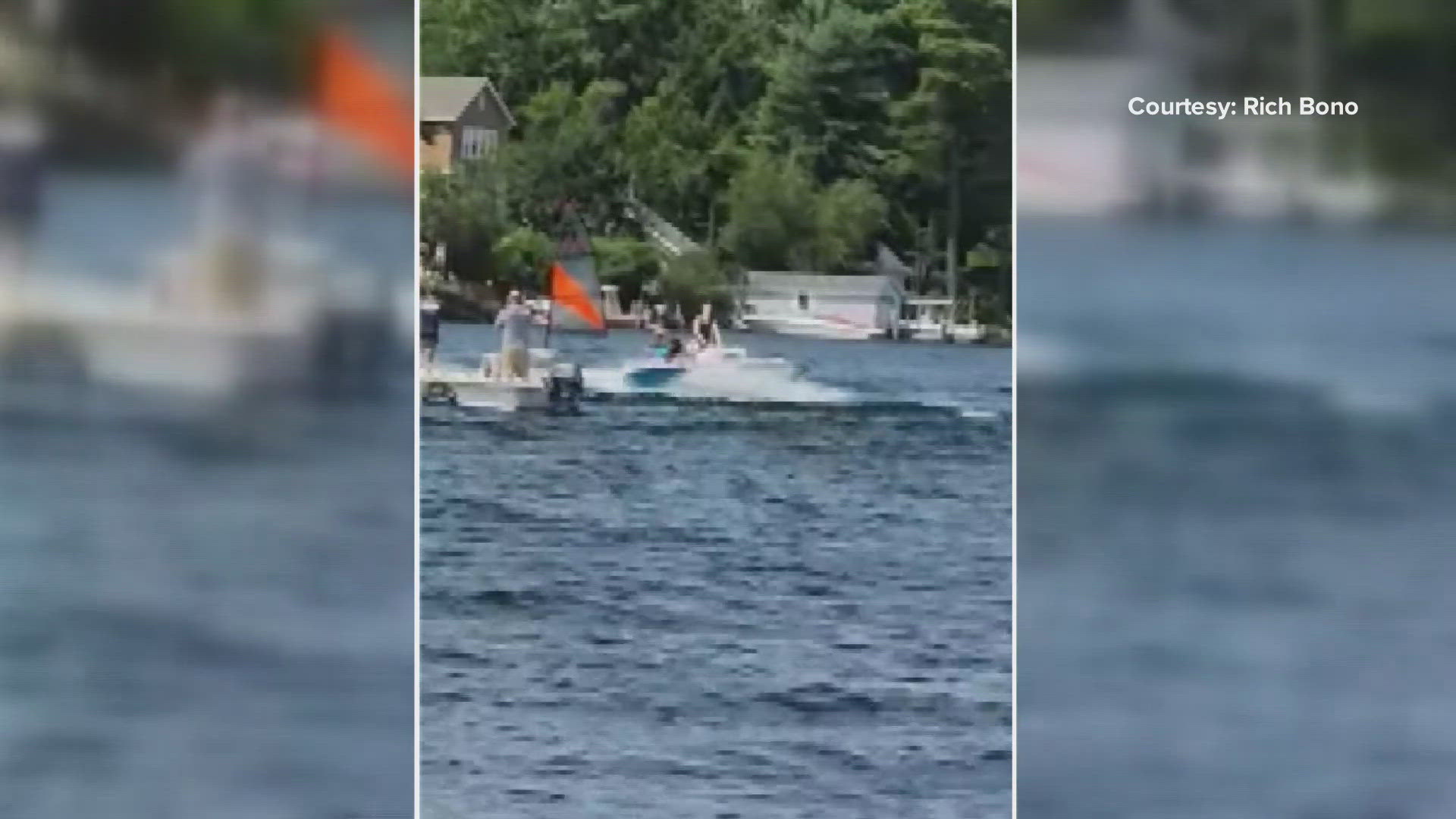 A dramatic boat recovery on Lake Winnipesaukee was caught on camera Wednesday when the operator was knocked off and the boat continued to spin. (Courtesy: Rich Bono)
