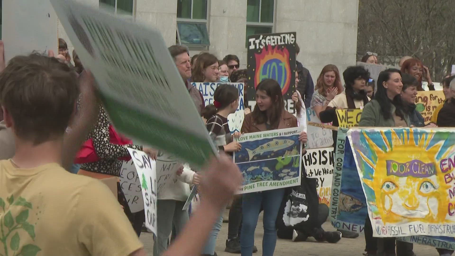 Students gathered outside the State House in Augusta Thursday to convivence lawmakers to pass bills to help the climate and the environment.