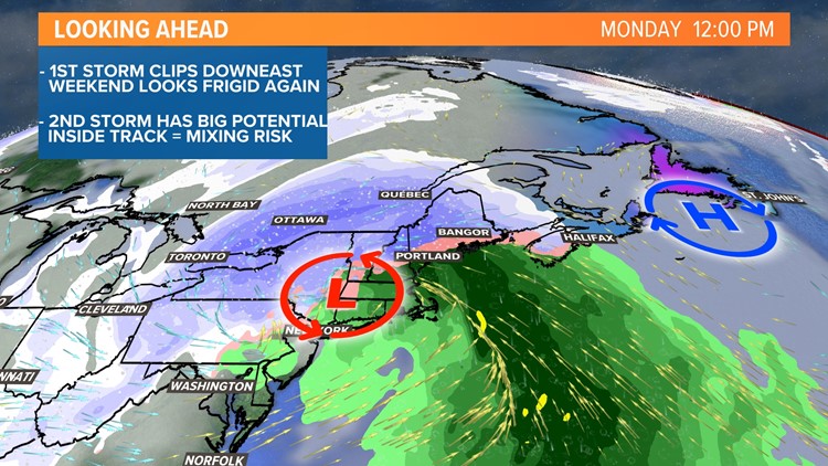 Bitter cold this weekend, a messy storm in Maine on Monday