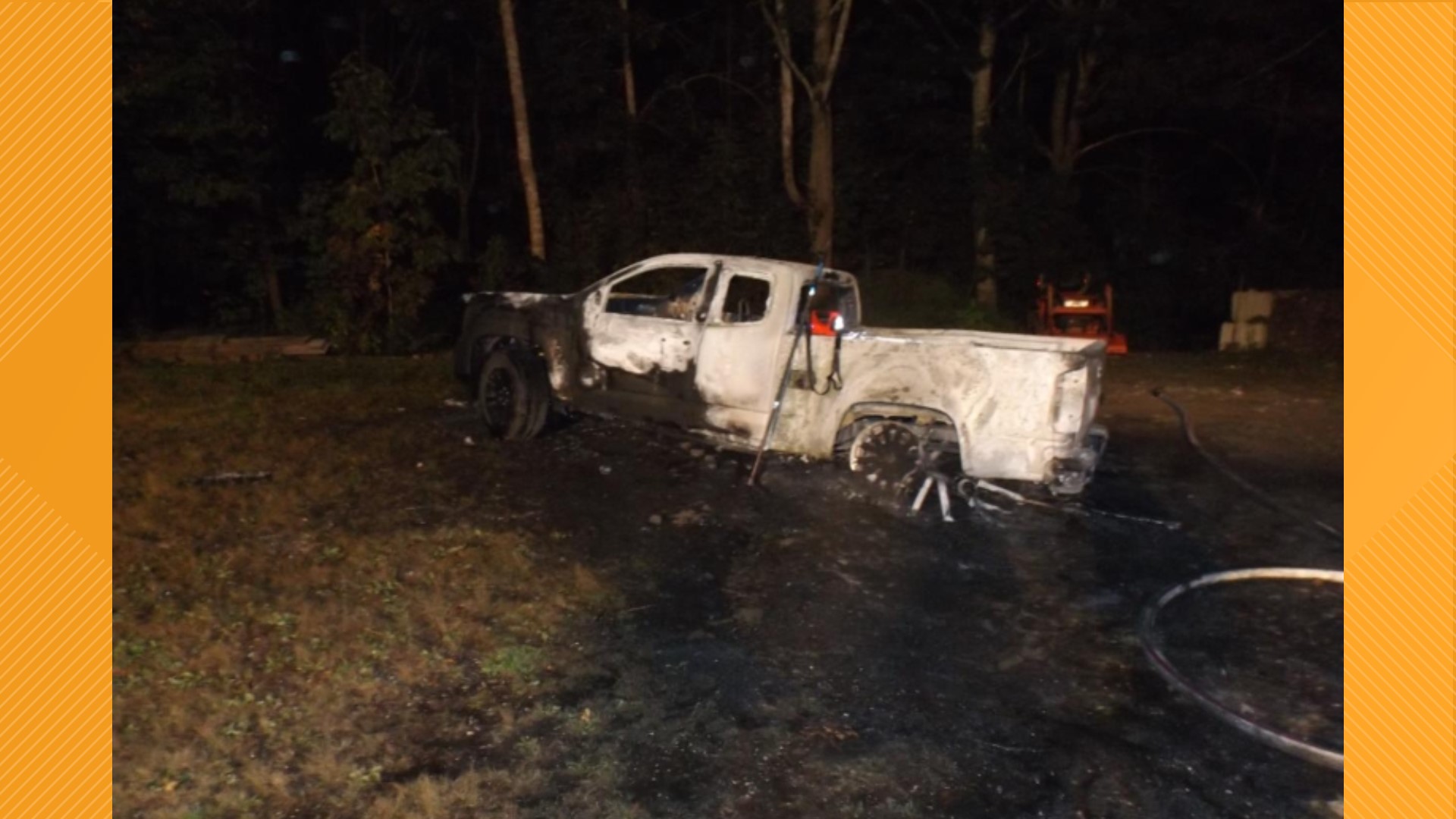 The vehicle fire is believed to have started from a lingering spark from a brush fire in the area earlier that day.