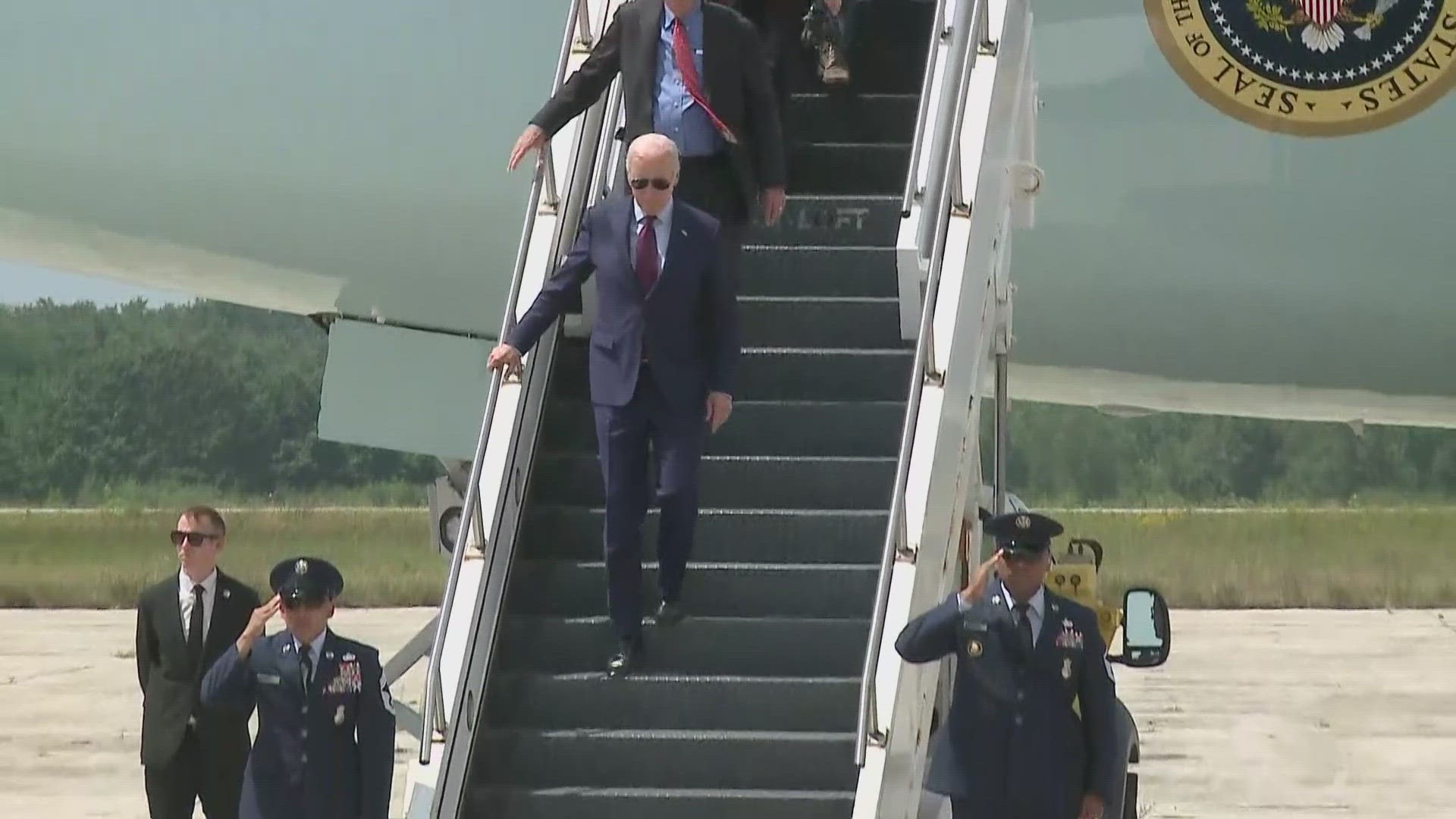 The president touched down at the Brunswick Executive Airport on his first visit to Maine since 2018.